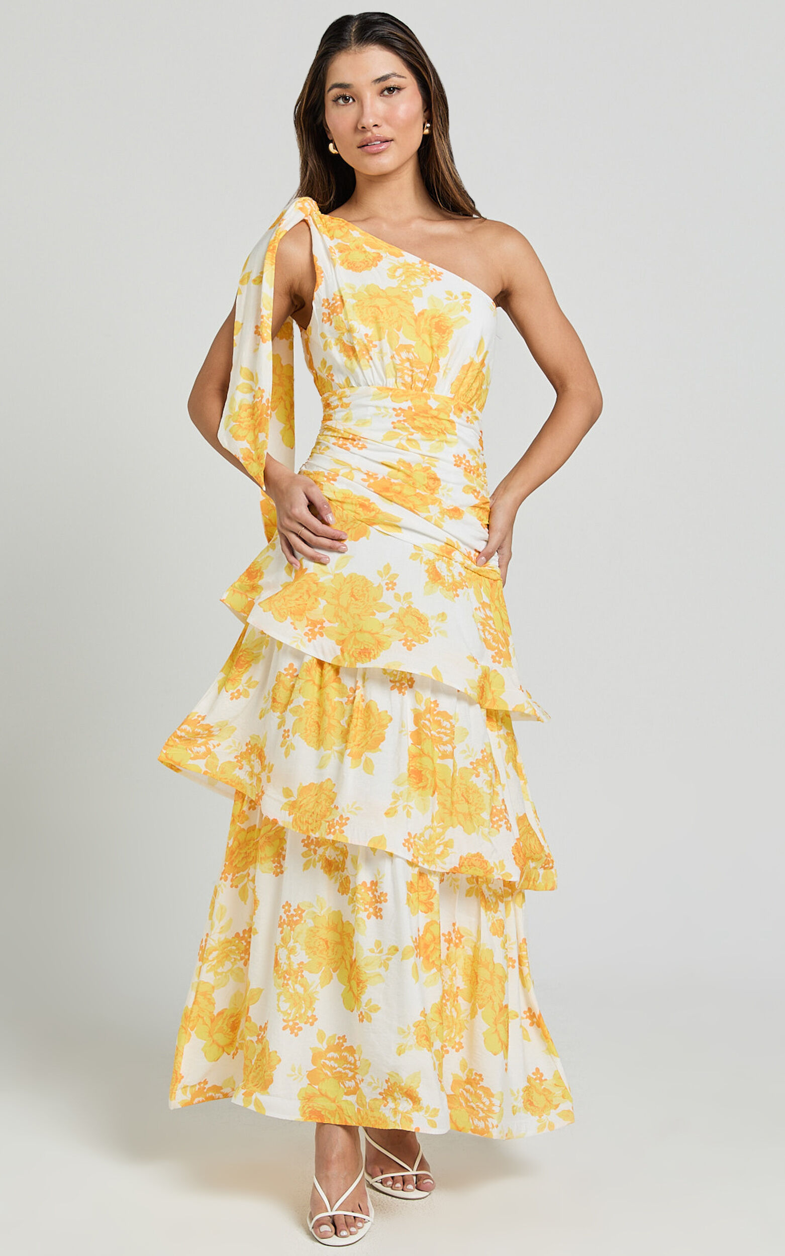Krissy Midi Dress - Asymmetrical Tie Shoulder Layered Dress in Yellow Floral