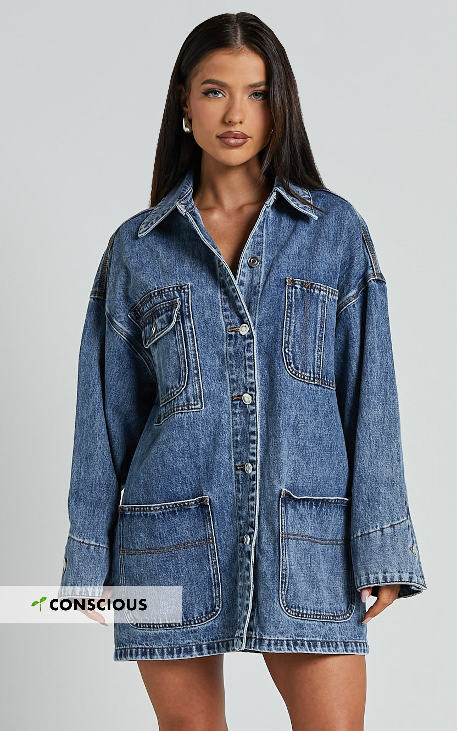 Harlow Jacket - Oversized Long Sleeve Denim Jacket in Mid Blue Wash