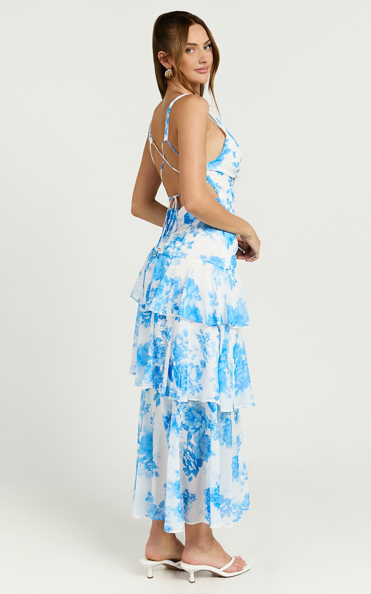 Beryl Midi Dress - Deep V Neck Sleeveless Layered Dress in Blue Floral