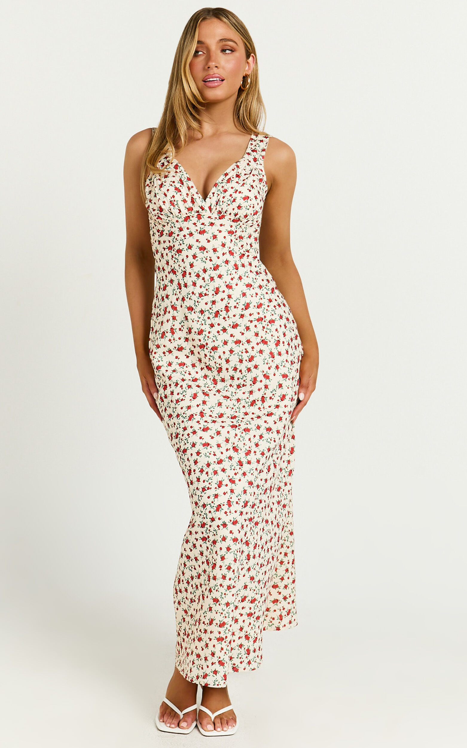 Mauriel Midi Dress - Deep V Gathered Bust Slip Dress in Red Floral