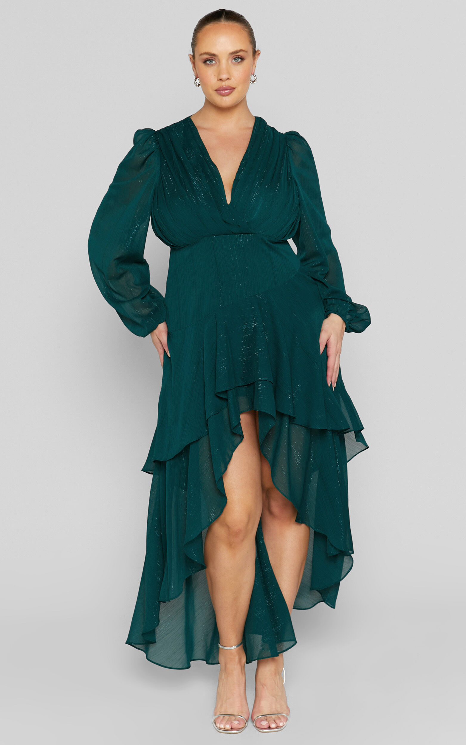 Claudita Midi Dress - Long Sleeve High Low Hem Dress in Emerald