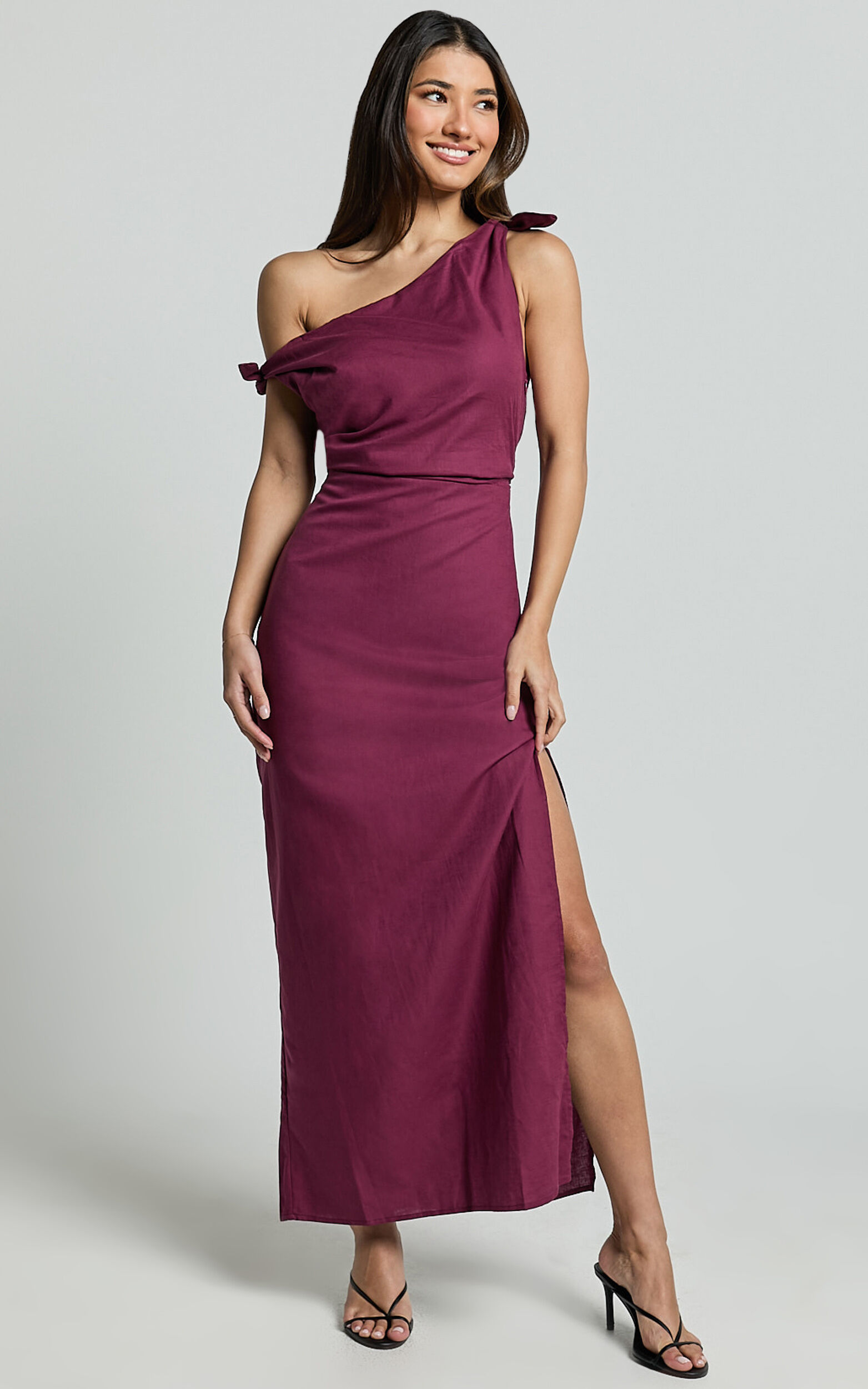 Cincinnati Midi Dress - Off The Shoulder Side Split Column Linen Dress in Merlot