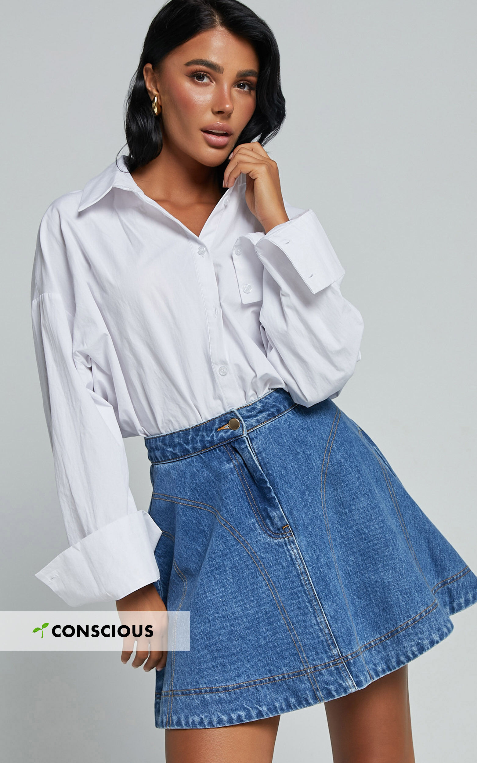 Koemi Skirt - High Waisted Denim Flare in Mid Blue Wash