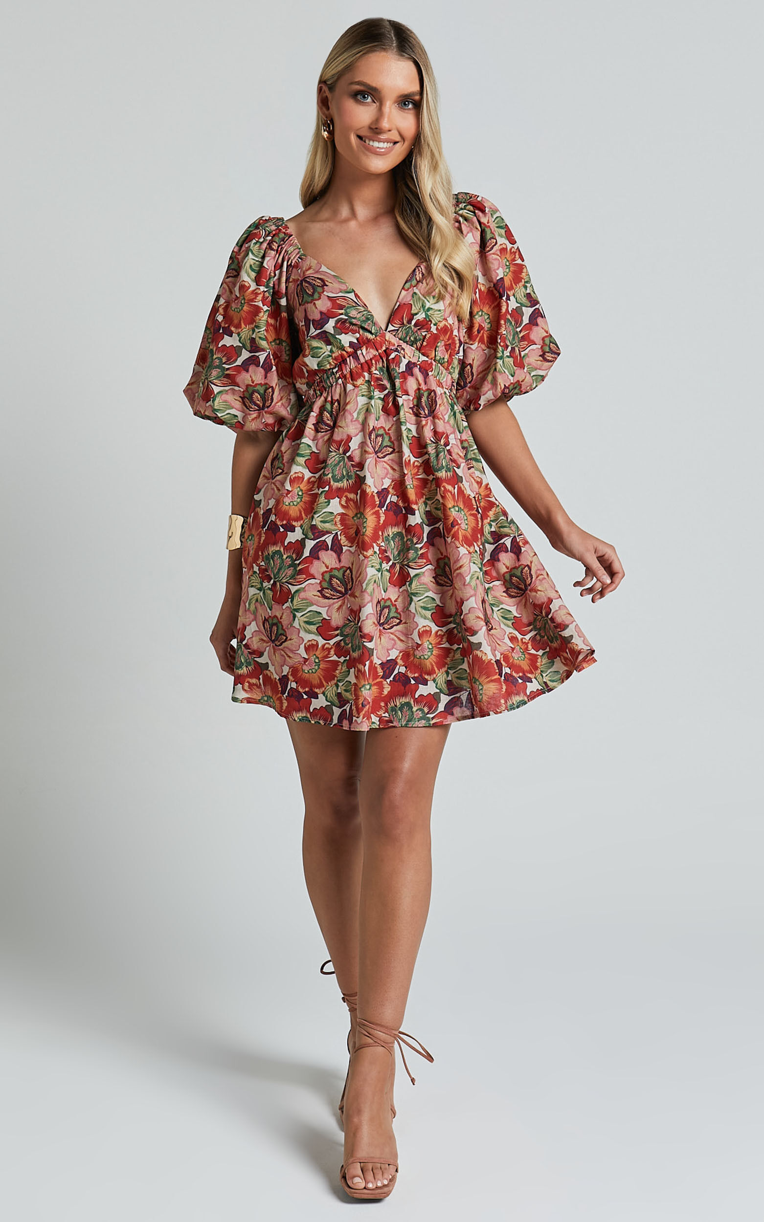 Amalie The Label - Loleta Linen Blend Short Balloon Sleeve Low Back Mini Dress in Musee Print