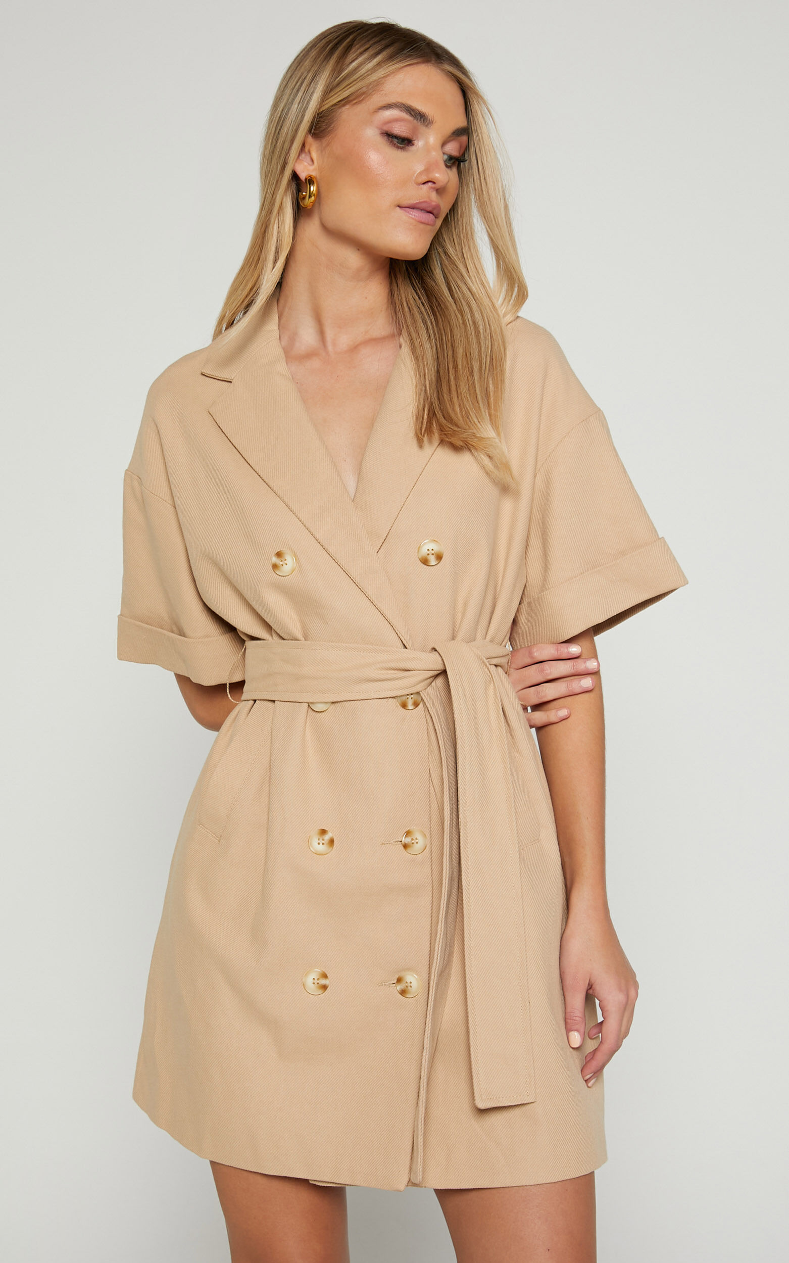 Cyrus Mini Dress - Waist Wrap Short Sleeve Blazer Mini Dress in Stone