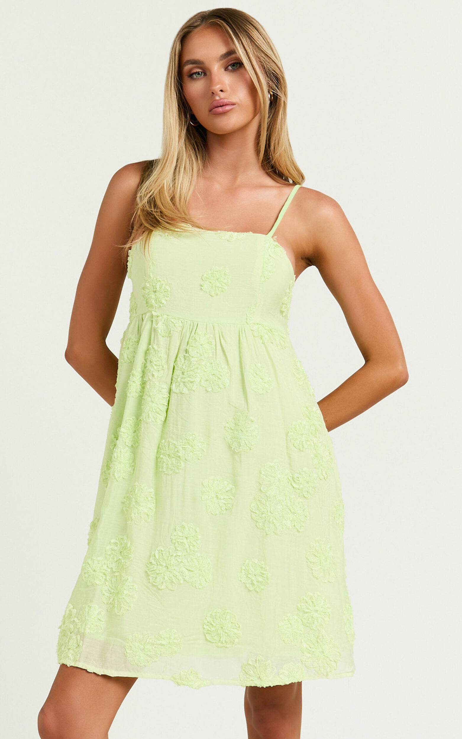Claya Mini Dress - Sleeveless Straight Neckline Floral Detail Dress in Lime