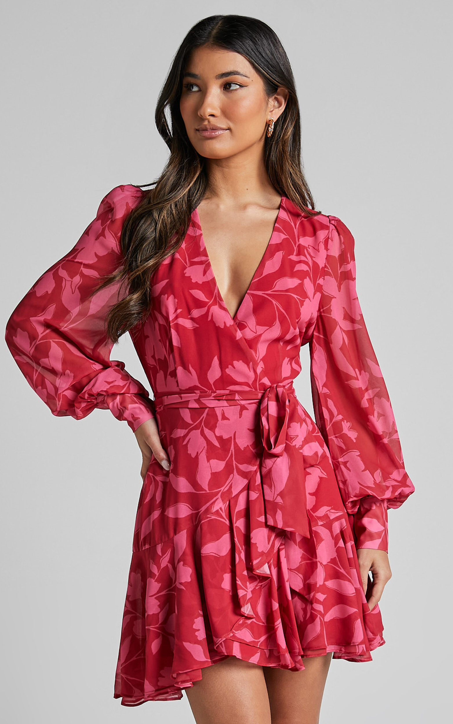 Aronia Mini Dress - V Neck Long Bishop Sleeve Ruffle Hem Wrap Dress in Havana Silhouette floral