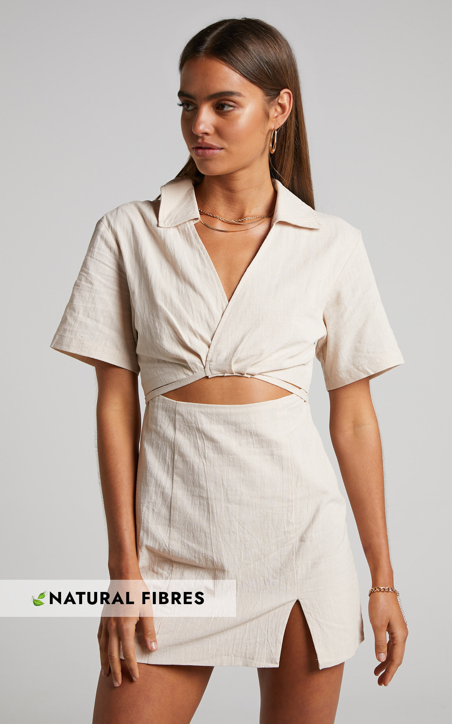 Marsha Mini Dress - Cut Out Short Sleeve Dress in Natural