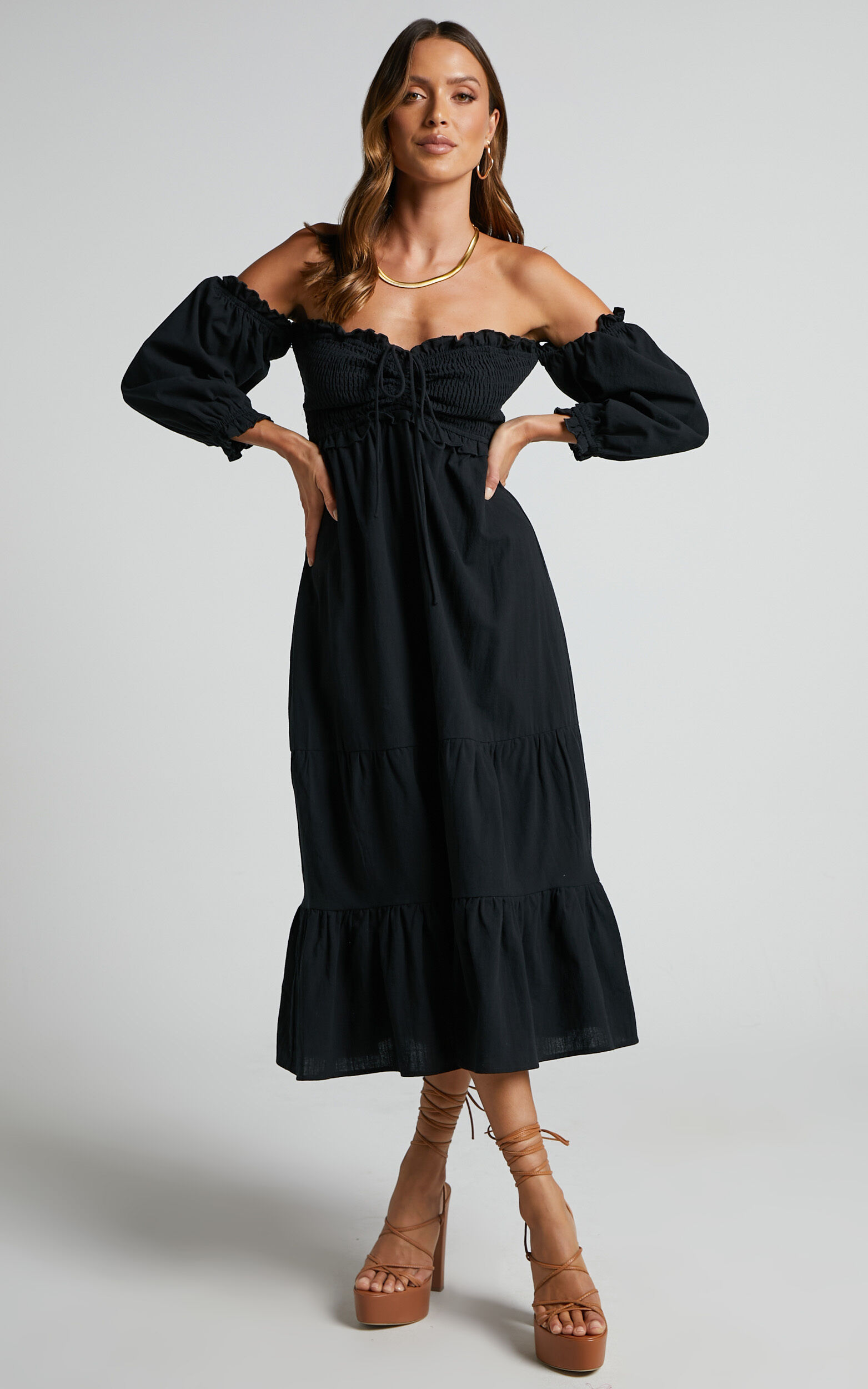 Nikka Midi Linen Dress - Shirred Off Shoulder Puff Sleeve Dress in Black