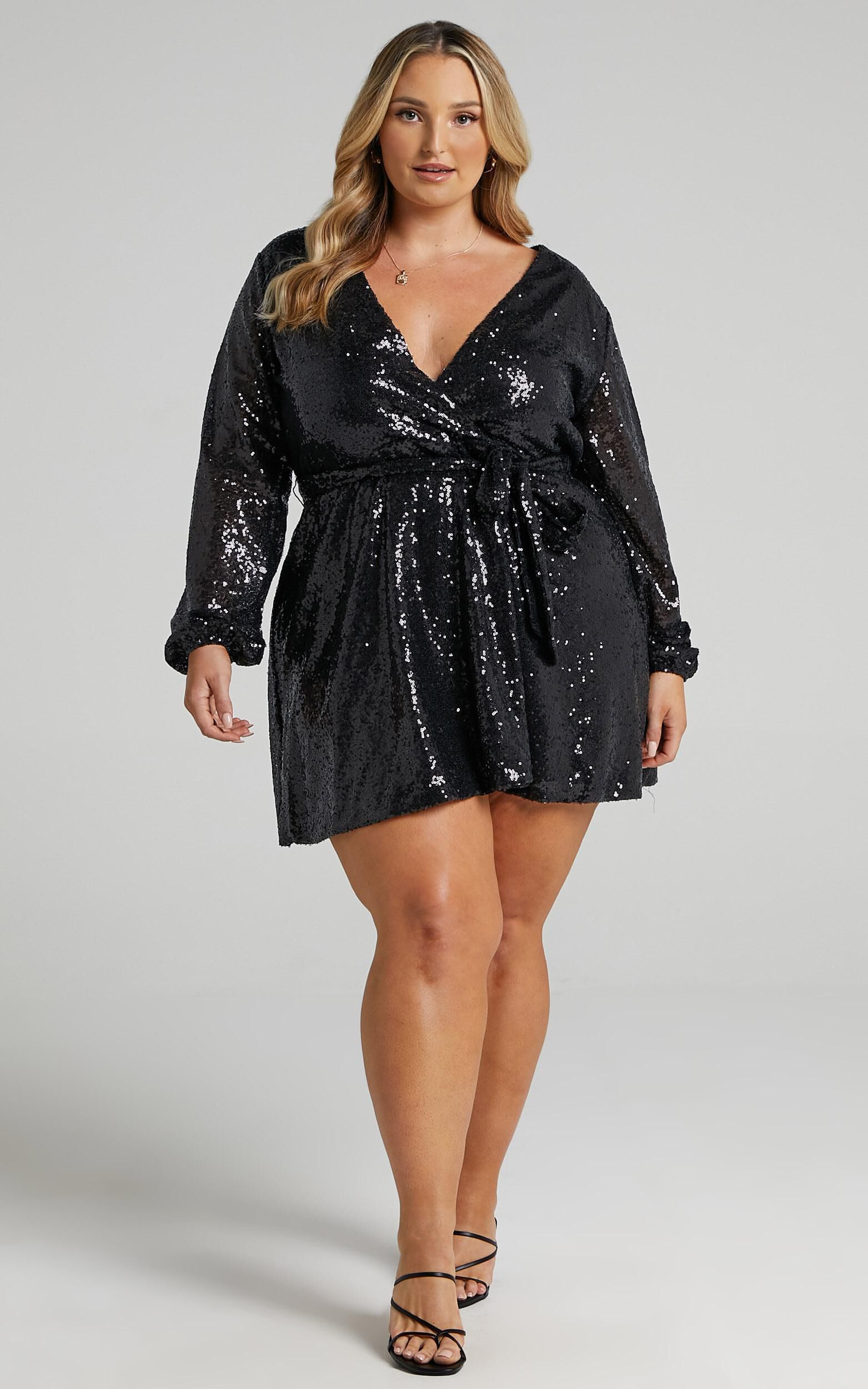 Three Of Us Mini Dress - Long Sleeve Wrap Dress in Black Sequin