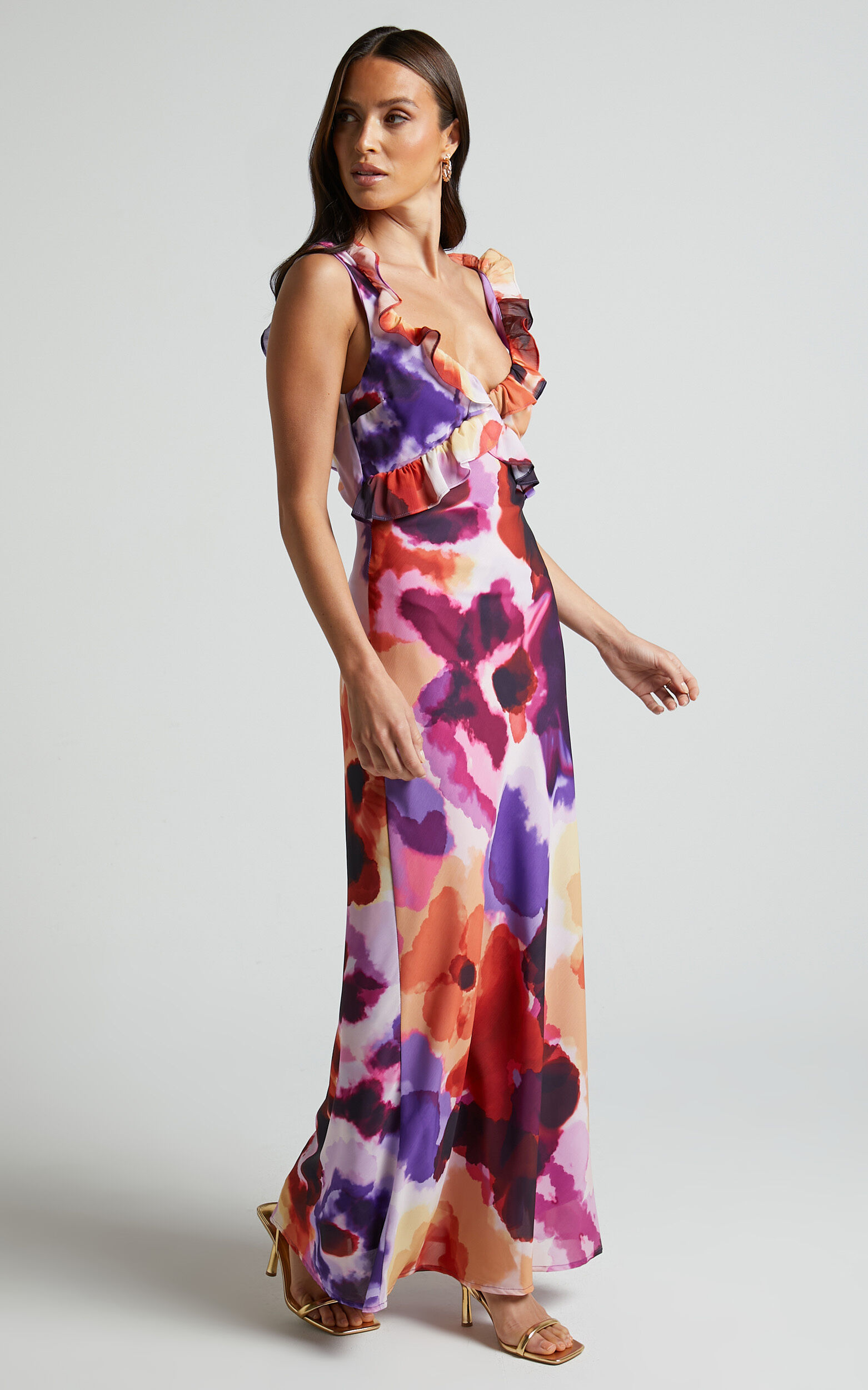 Charlie Midi Dress - V Neck Low Back Frill Detail Dress in Watercolour Floral