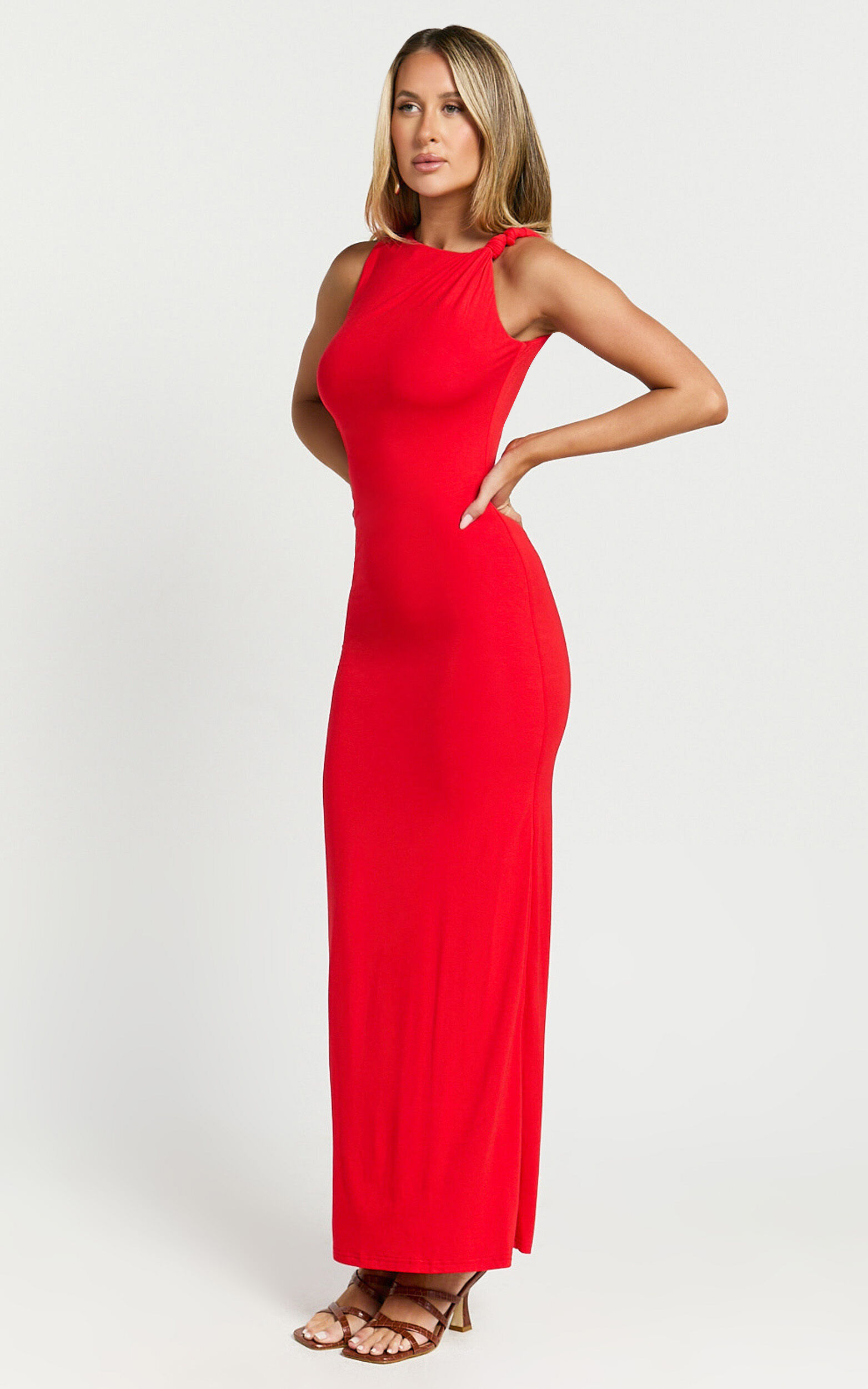 Aisha Maxi Dress - Sleeveless Twist Strap Bodycon Dress in Red