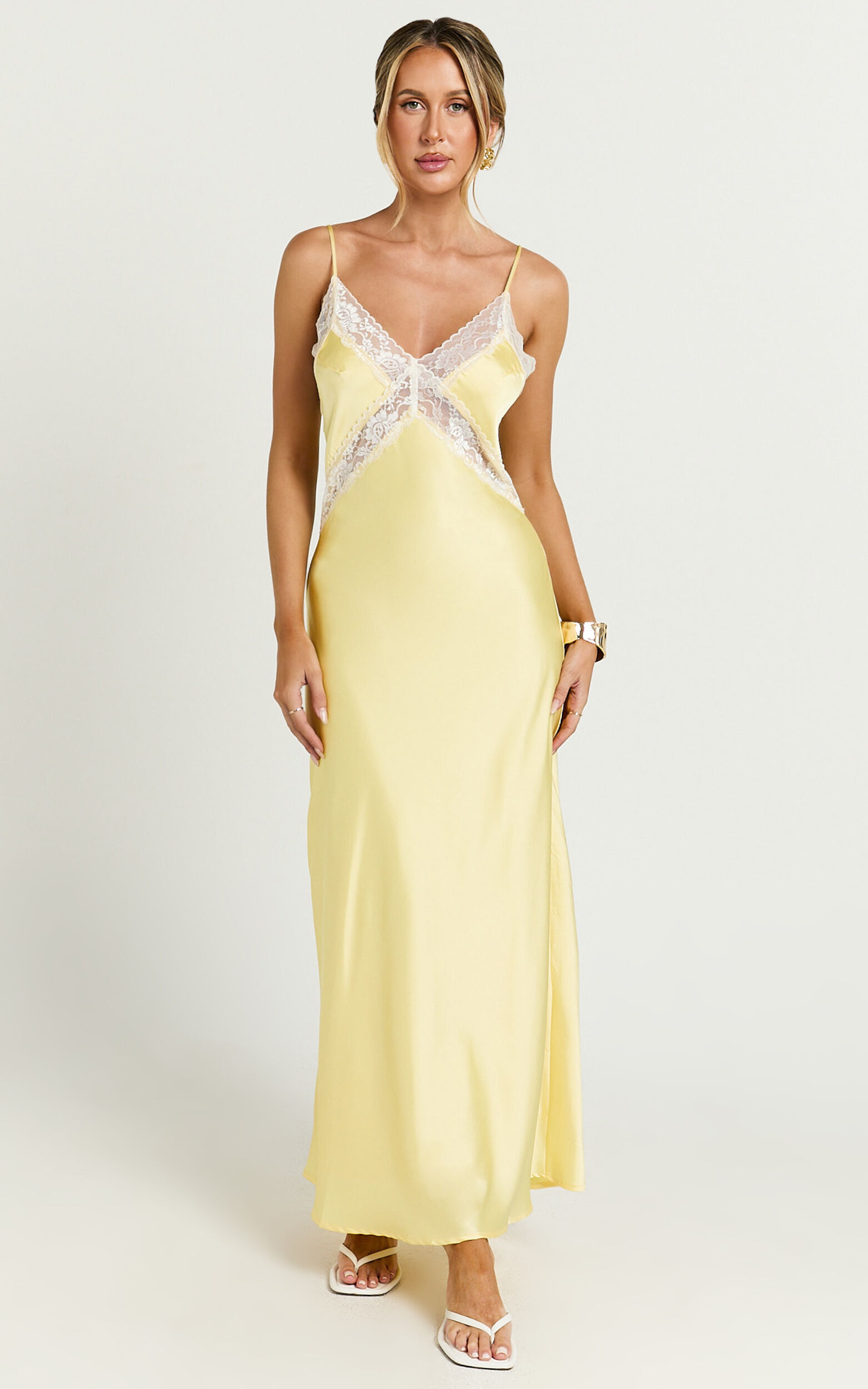 Christy Midi Dress - V Neck Lace Detail Slip Dress in Lemon