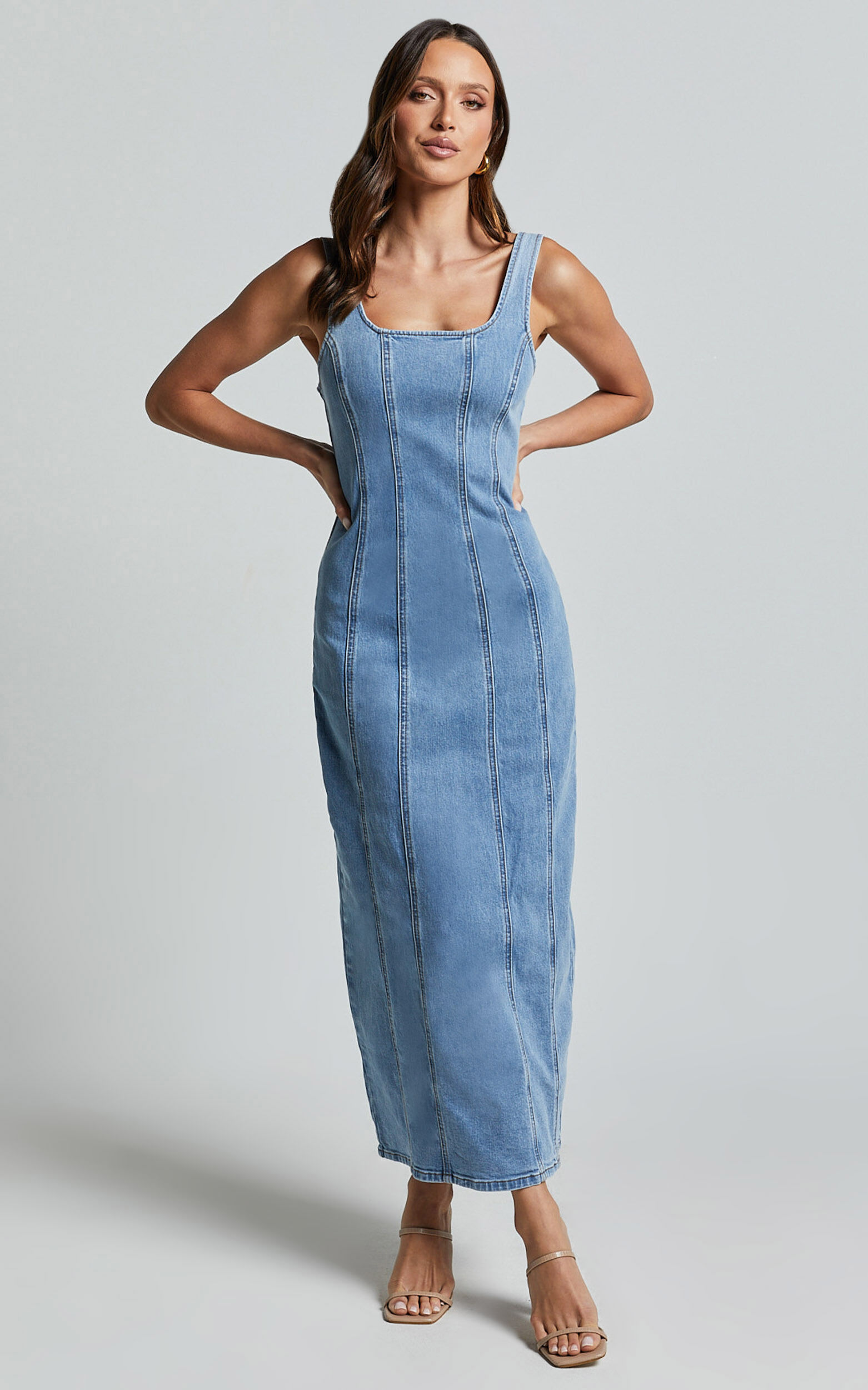 Zenith Midi Dress - Wide Strap Panel Detail Recycled Denim Dress in Mid Blue Wash