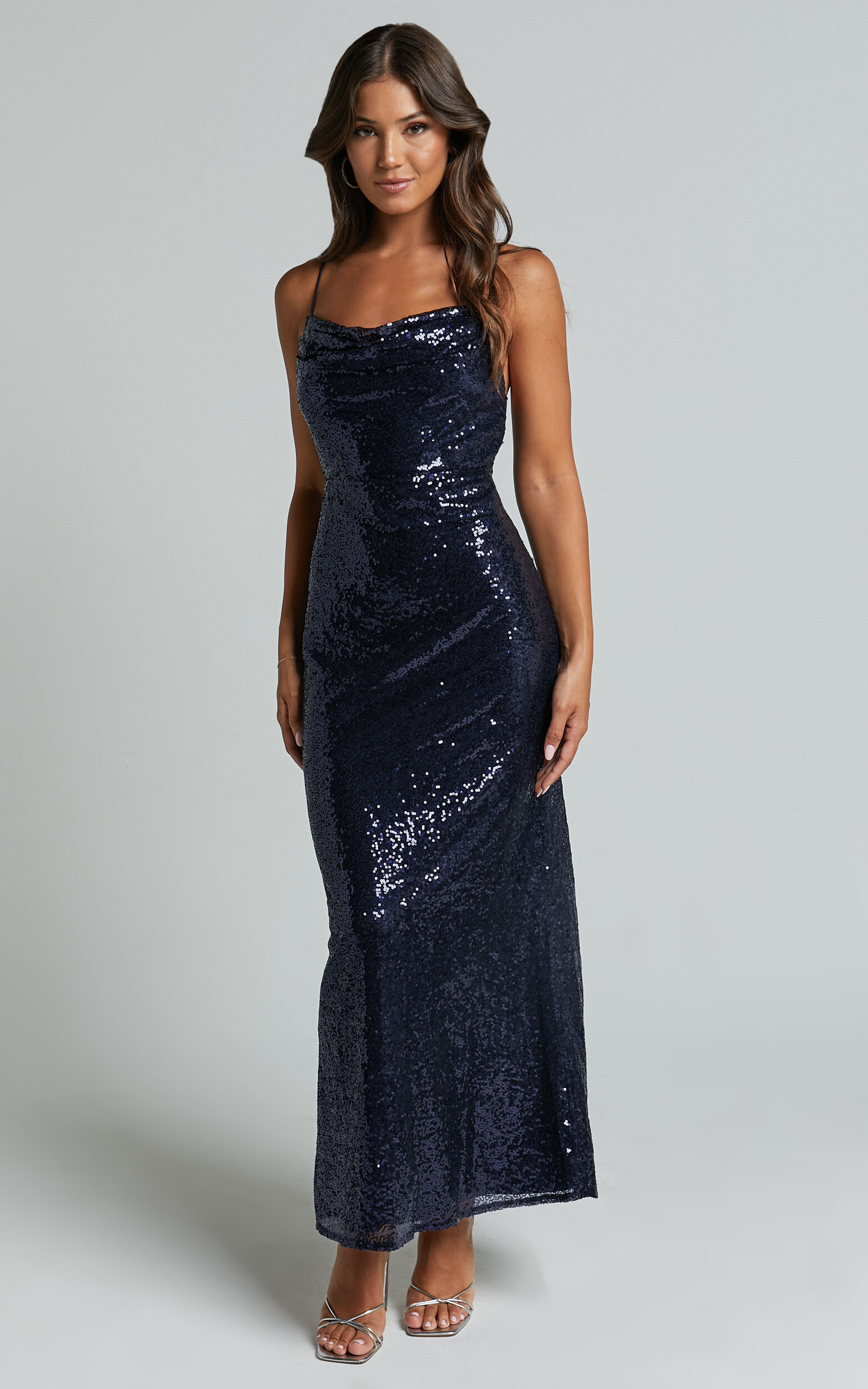 Cynthie Midi Dress - Strappy Cowl Neck Sequin Slip Dress in Navy