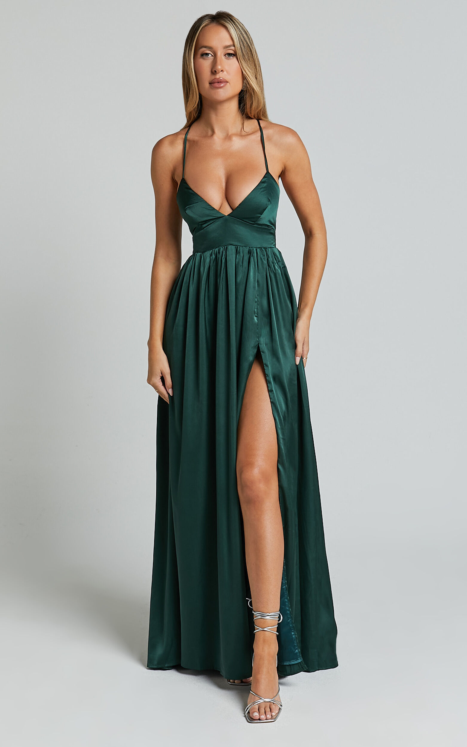 I Want The World To Know Maxi Dress - Thigh Split Tie Back Dress in Emerald