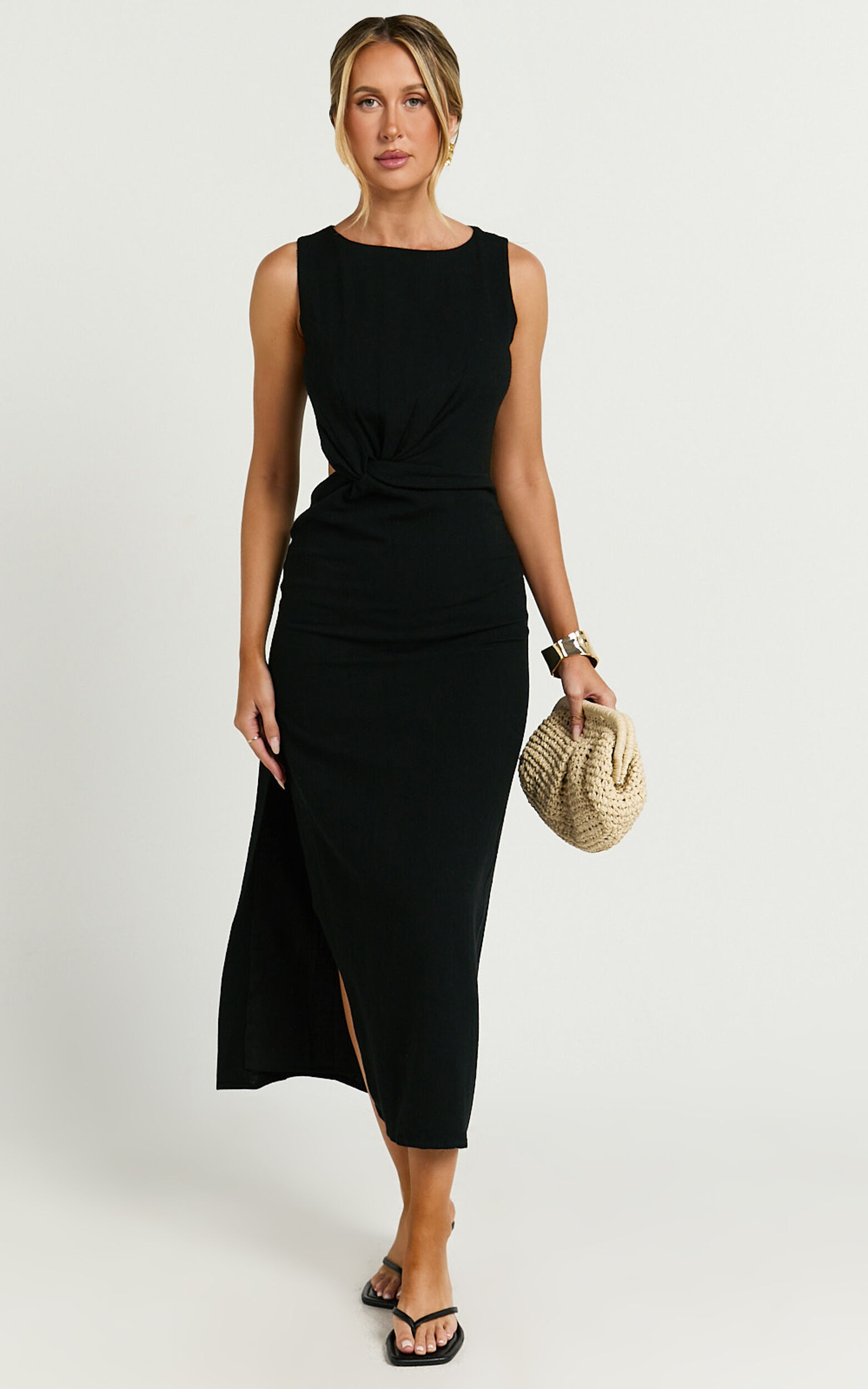 Brodie Midi Dress - Side Cut Out Linen Blend Dress in Black