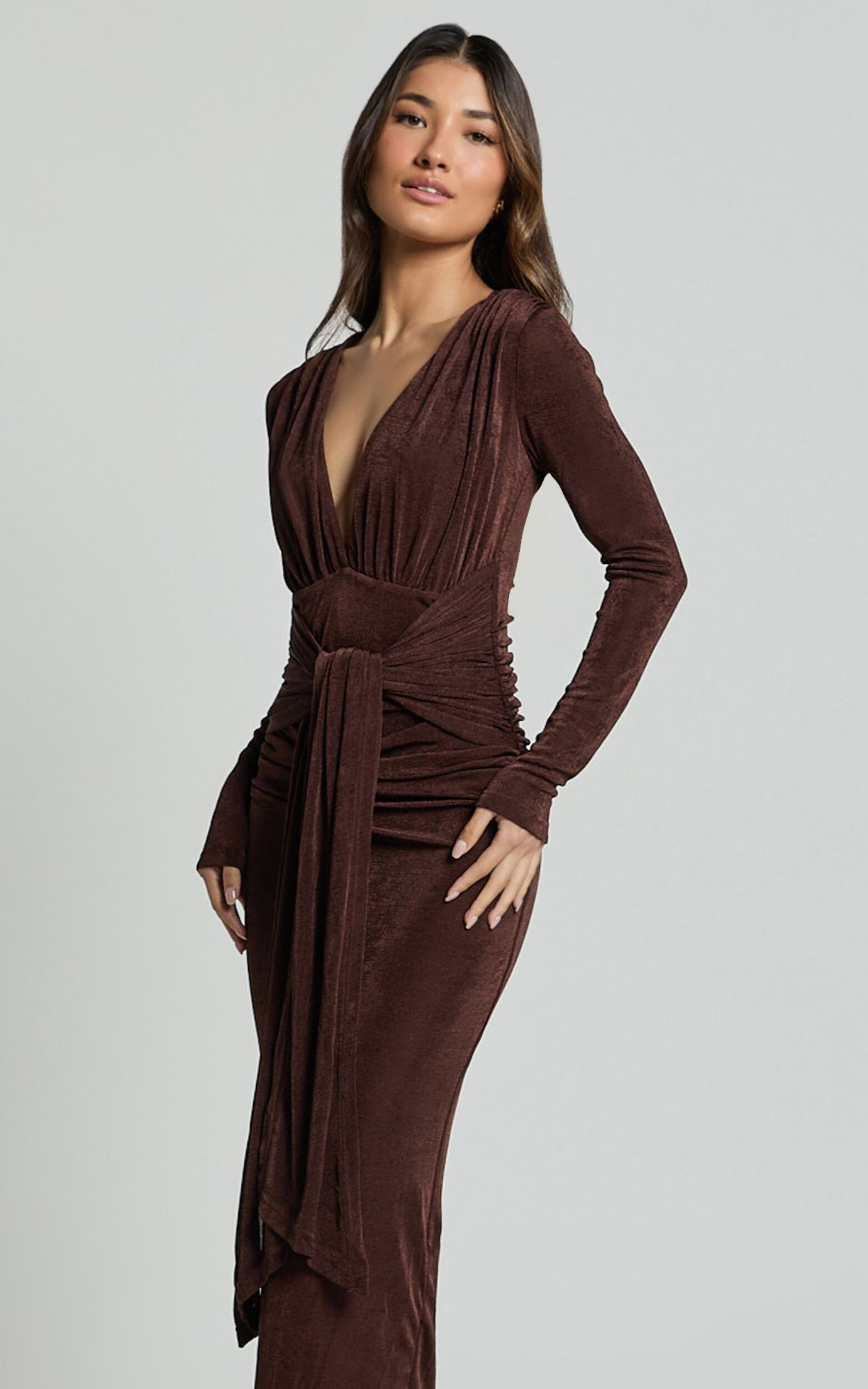 Melanie Midi Dress - Plunge Long Sleeve Tie Front Dress in Chocolate