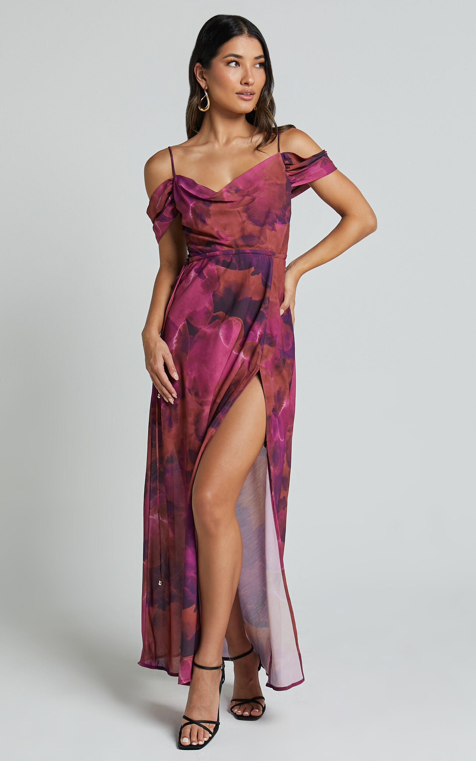 Keira Midi Dress - Draped Off the Shoulder Dress in Electric Cloud - Purple