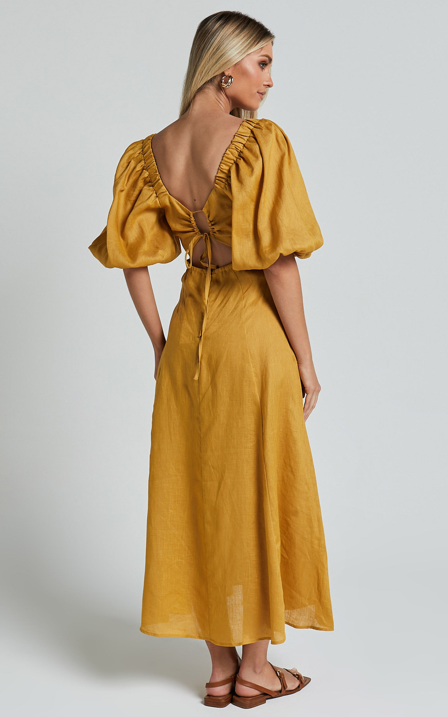 Amalie The Label - Zoya Linen Short Puff Sleeve Backless Maxi Dress in Gold