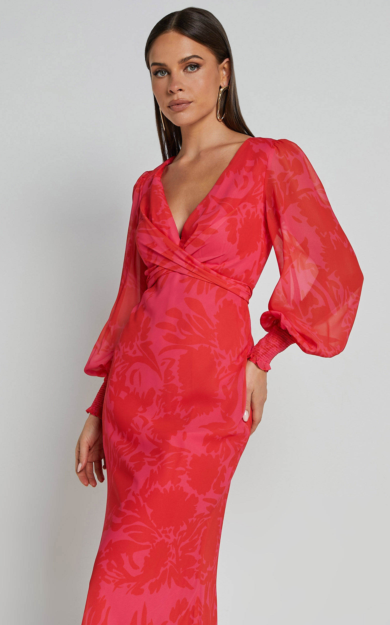 Claude Midi Dress - Deep V Neck Long Sleeve Slip Dress in Print