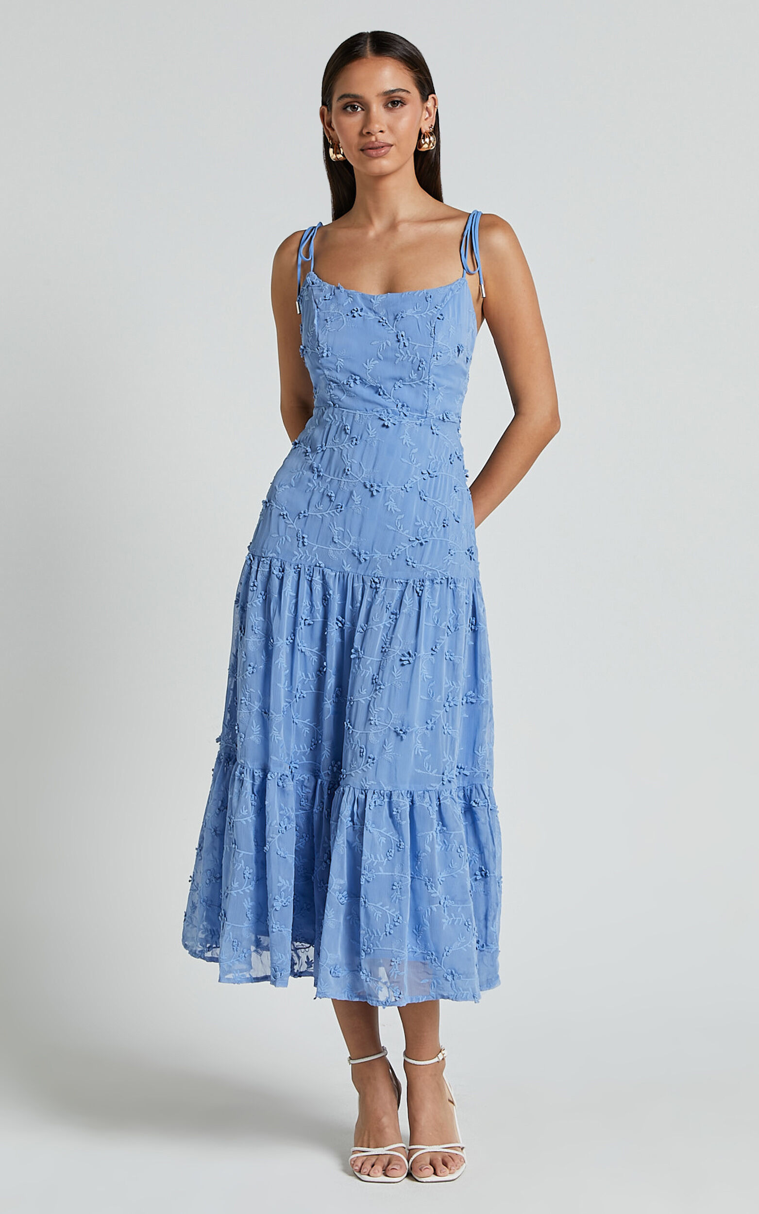 Francesca Midi Dress - Tie Shoulder Tiered Embroided Dress in Cornflower Blue
