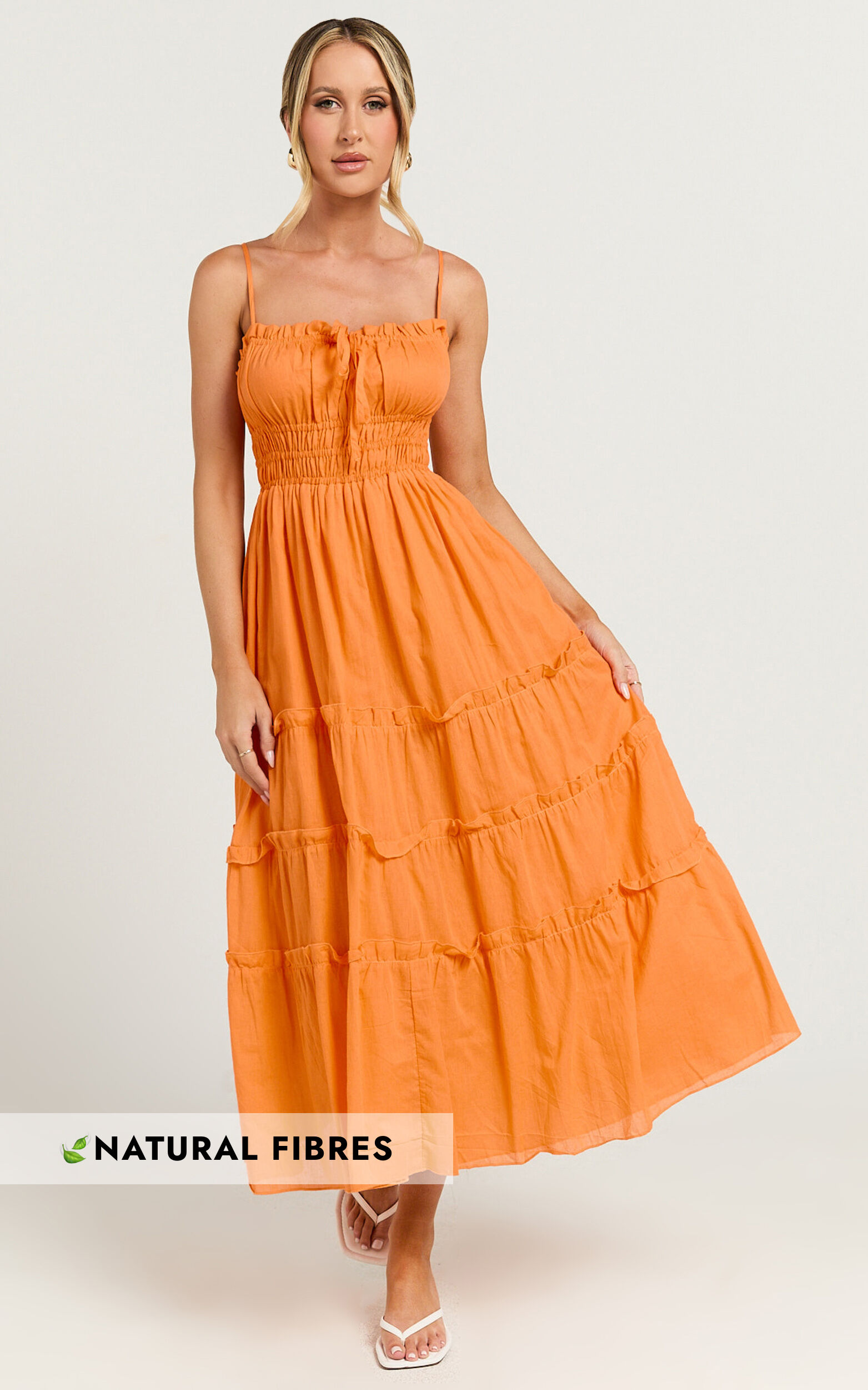 Schiffer Midi Dress - Strappy Ruched Tie Front Tiered Dress in Mandarin