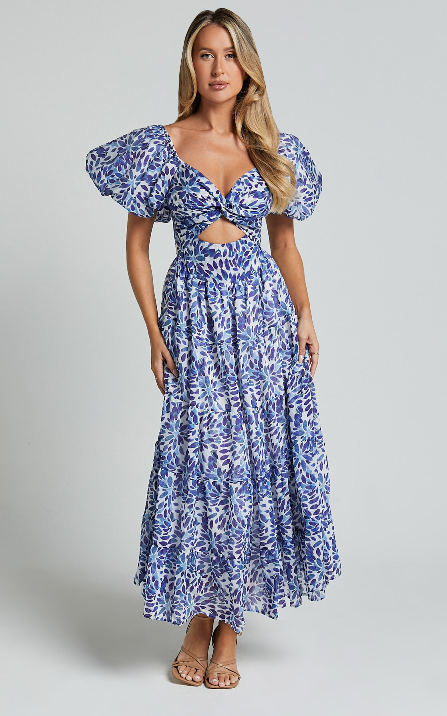 Nelrose Midi Dress - Short Puff Sleeve Front Cut Out Dress in Blue Print