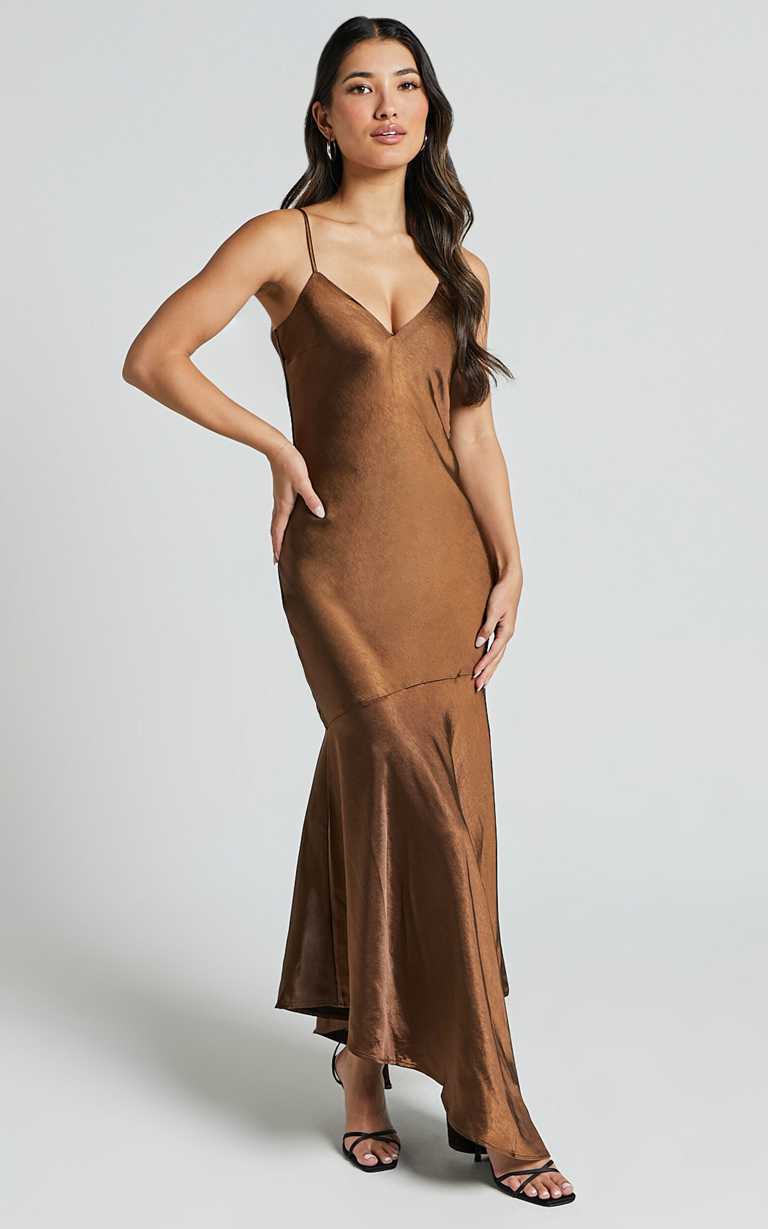 Etienne Midi Dress - Asymmetric Hem Satin Slip Dress in Chocolate