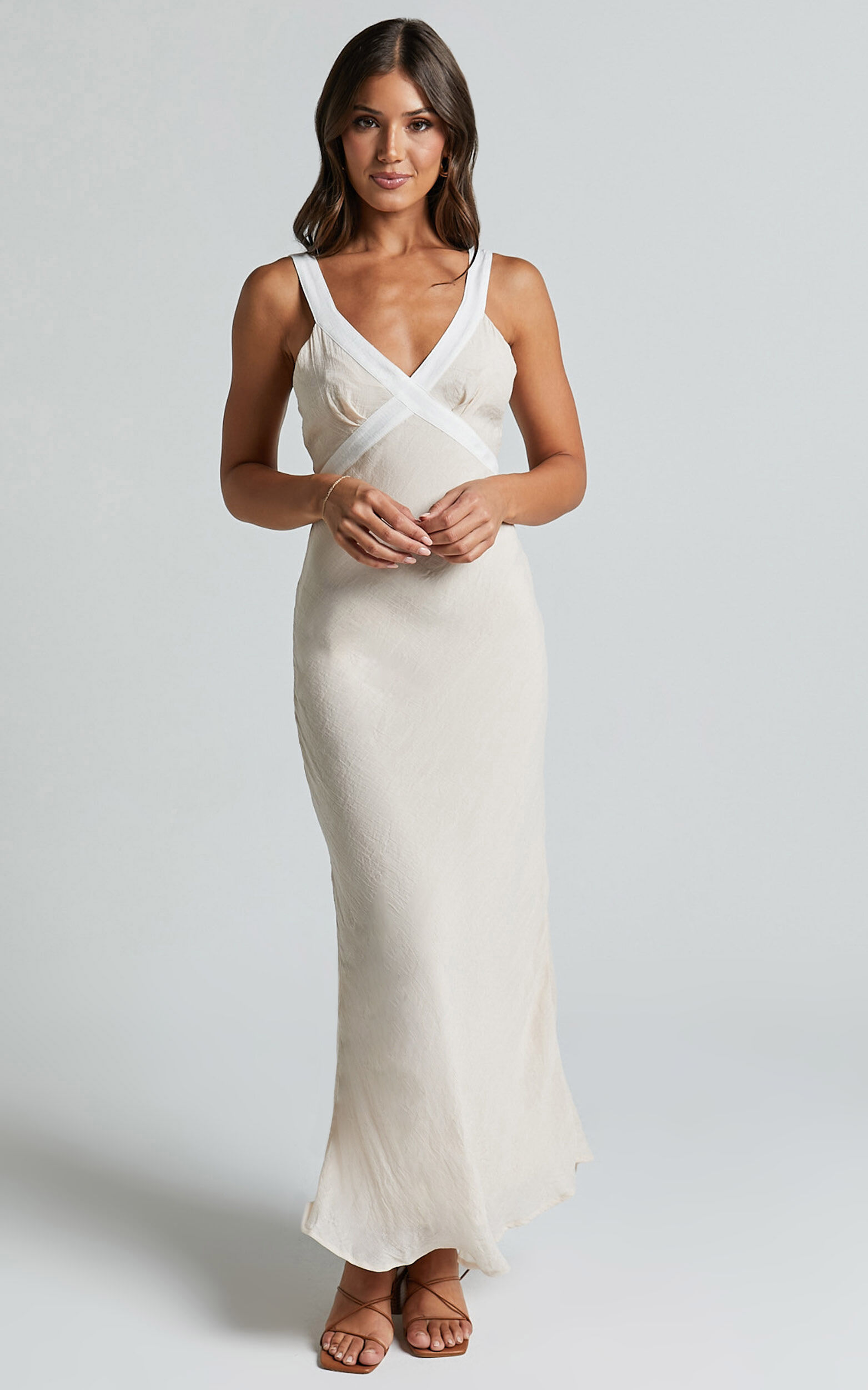 Chakyra Midi Linen Dress - Contrast Strap Bias Cut Column Dress in Beige with White Contrast