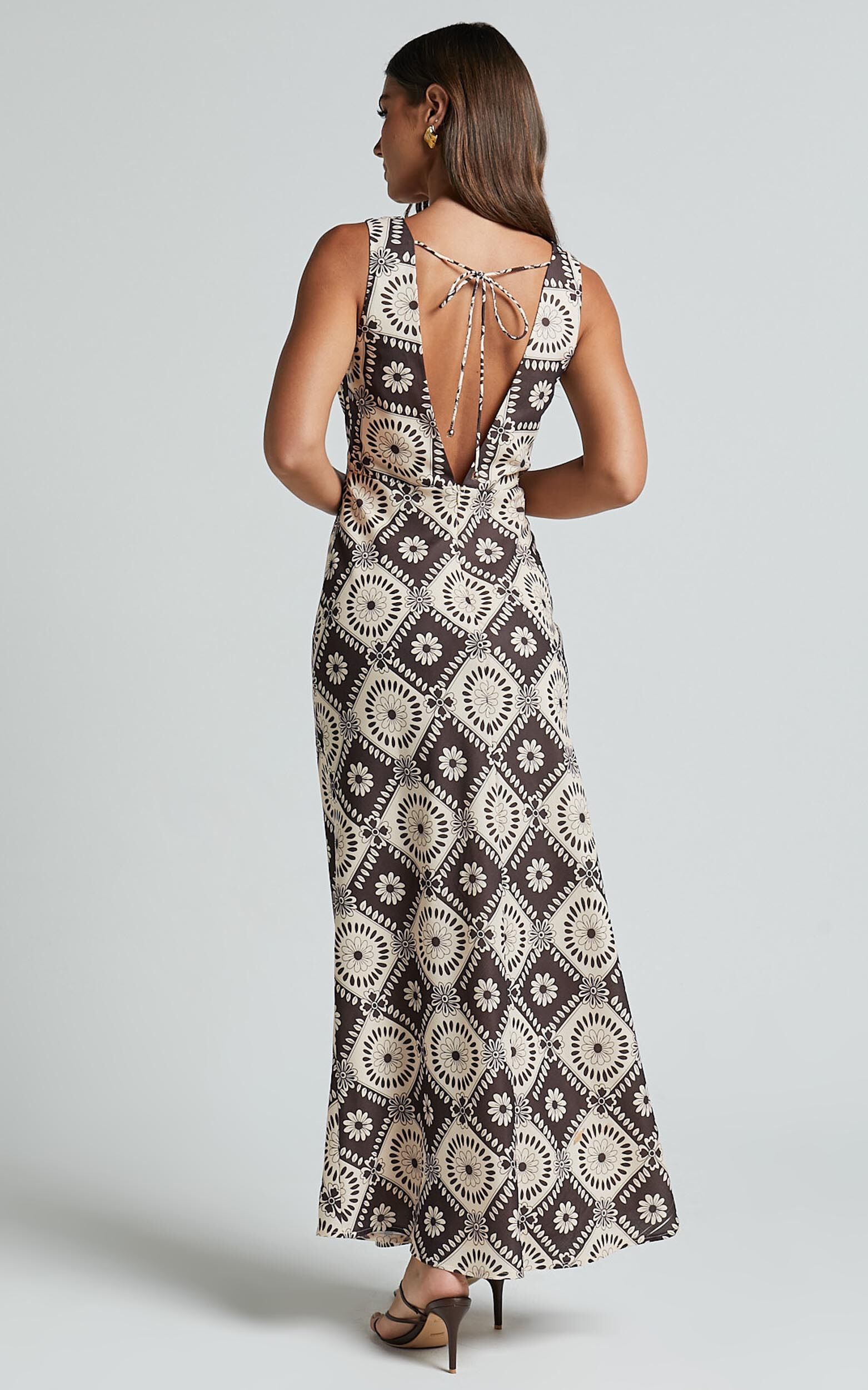 Ryhana Midi Dress - Deep V Nick Sleeveless Slip Dress in Brown & Cream Geo