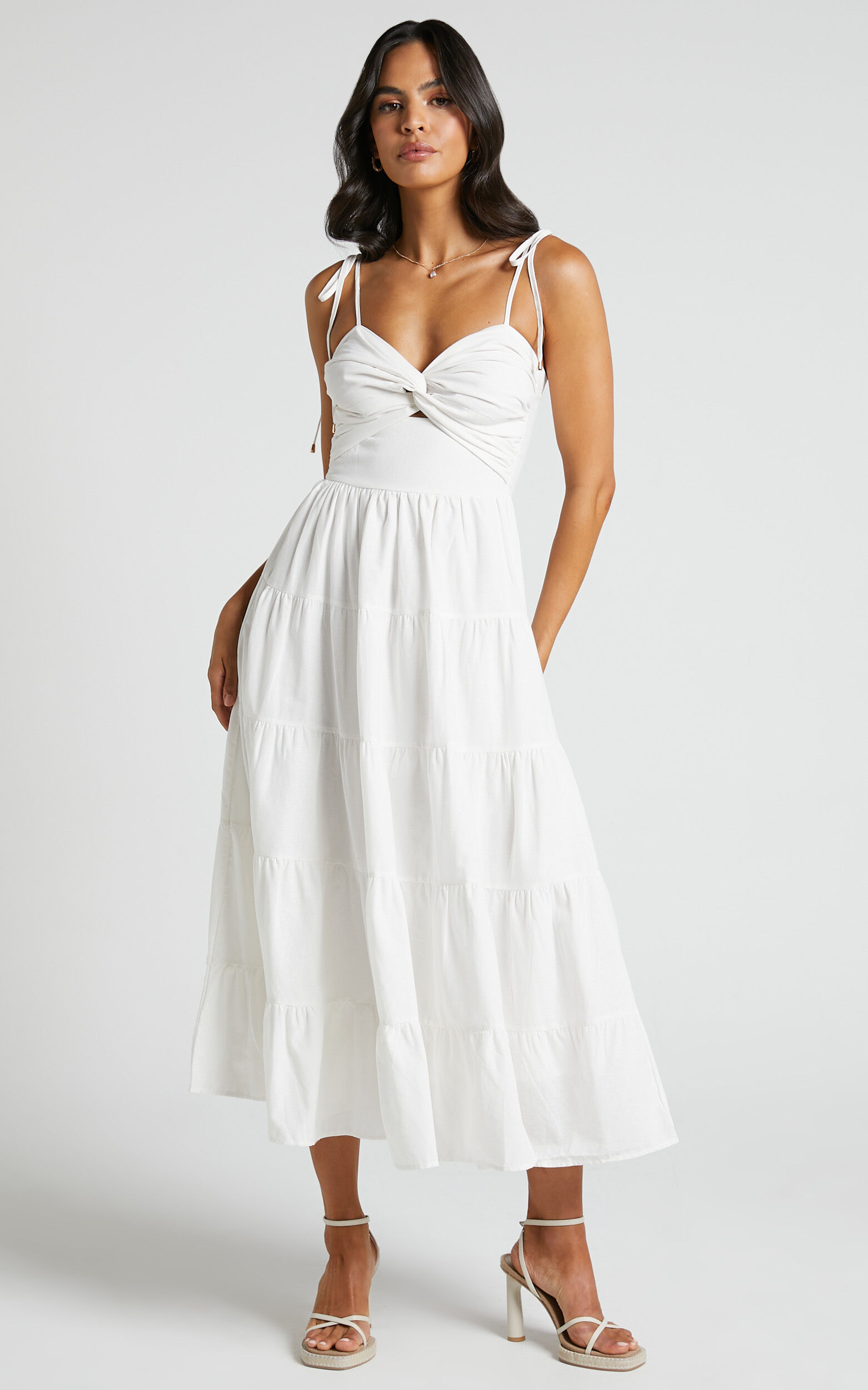Leticia Midi Dress - Twist Front Tie Strap Tiered Dress in Off White