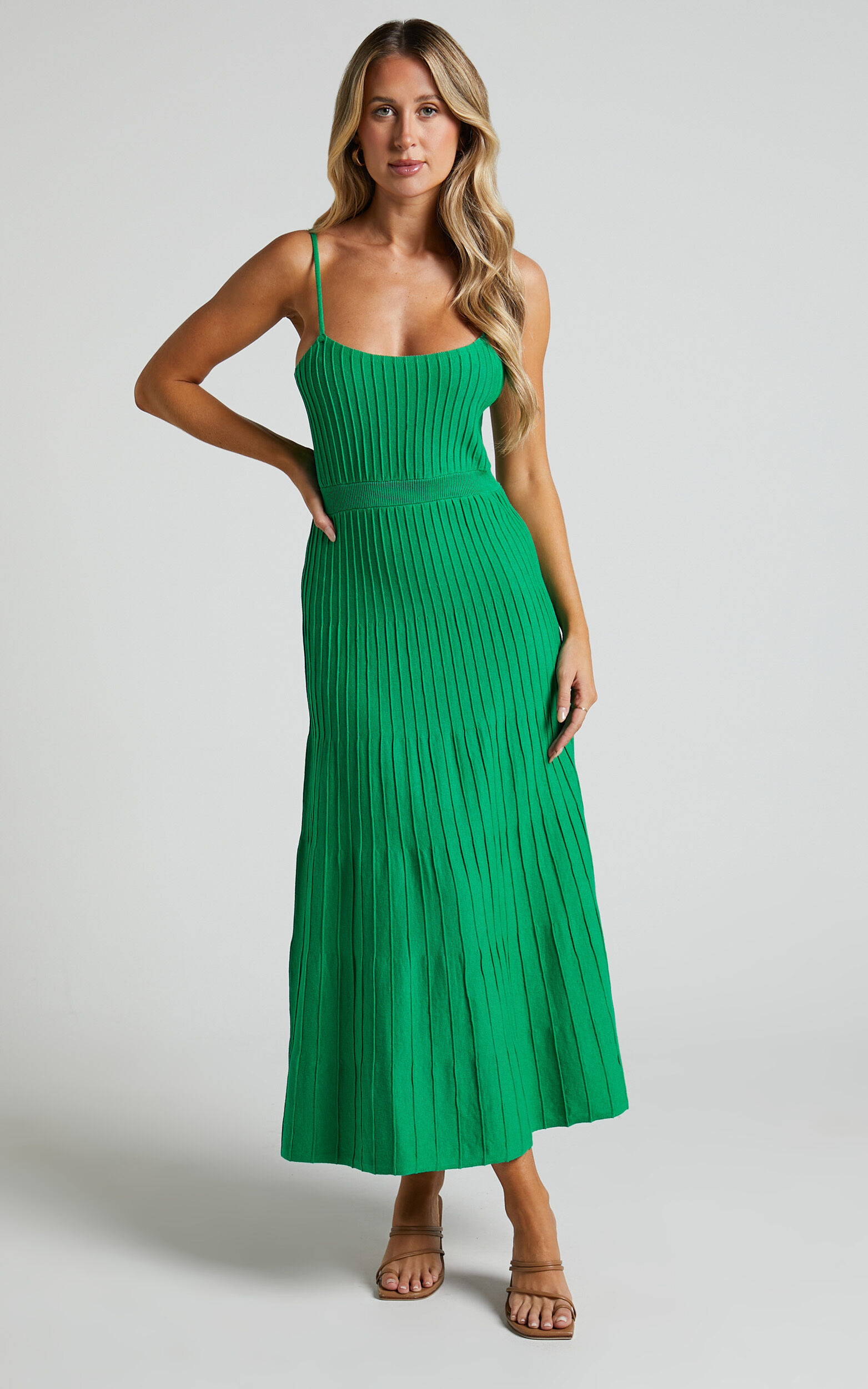 Donissa Midi Dress - Panelled Knit Dress in Green
