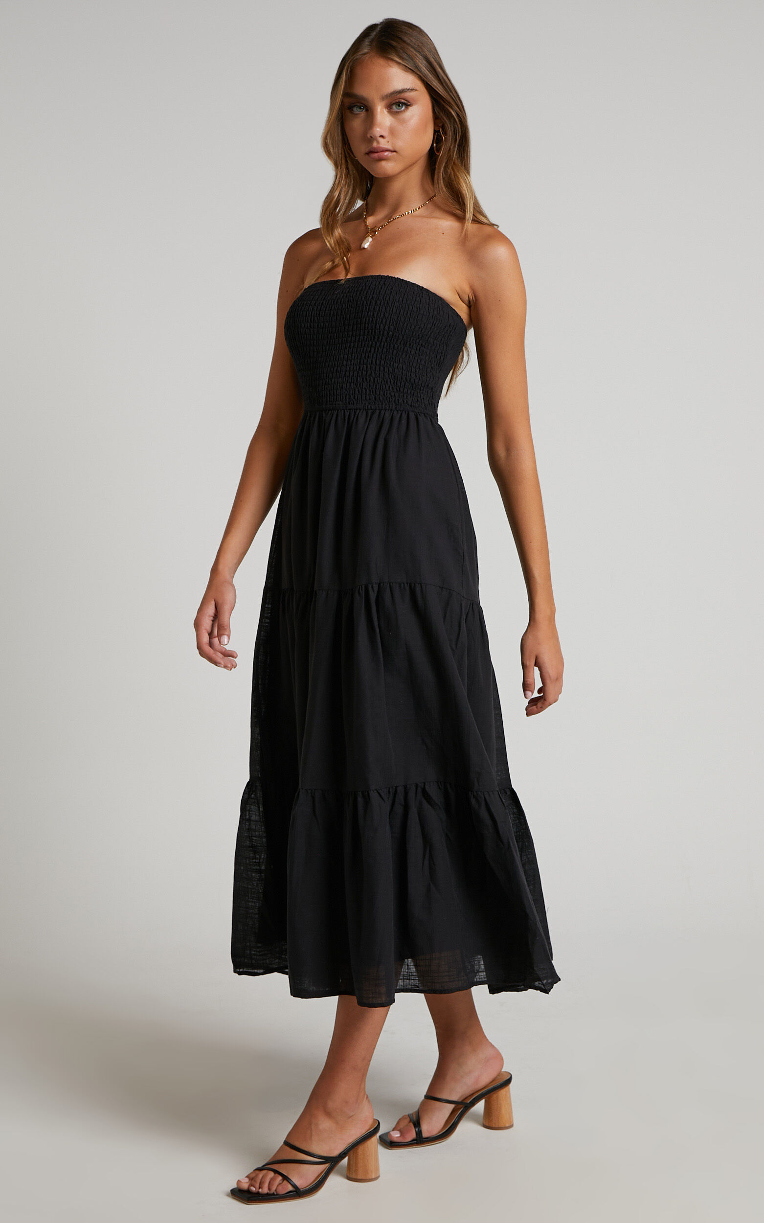 Zoe Midi Dress - Strapless Shirred Bodice Tiered Dress in Black