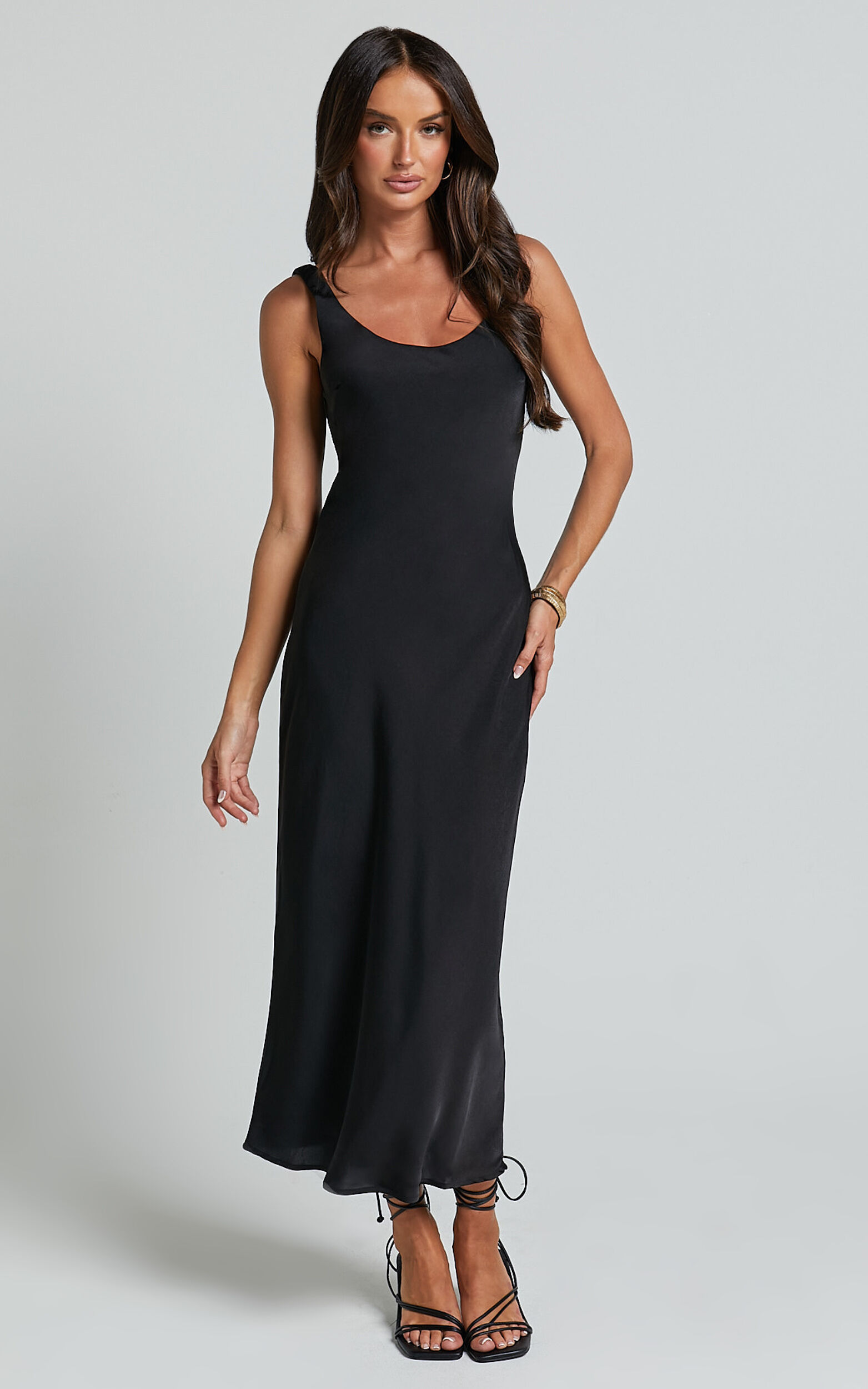 Julie Midi Dress - Scoop Neck Low Back Satin Slip Dress in Black