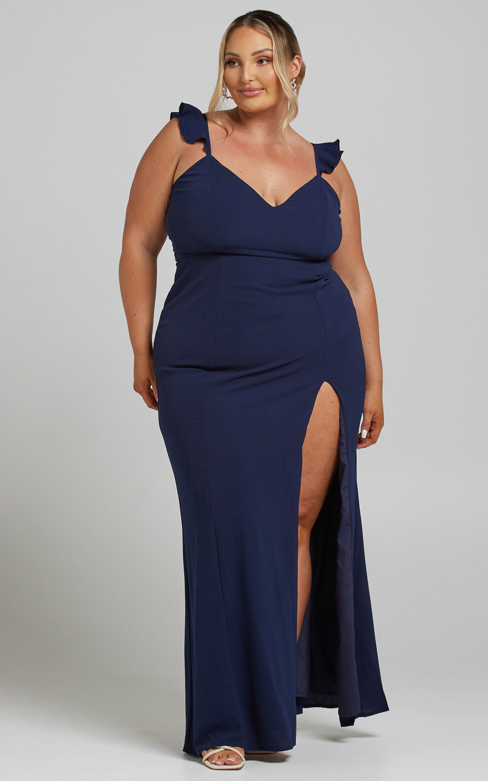 More Than This Maxi Dress - Ruffle Strap Thigh Split Dress in Navy