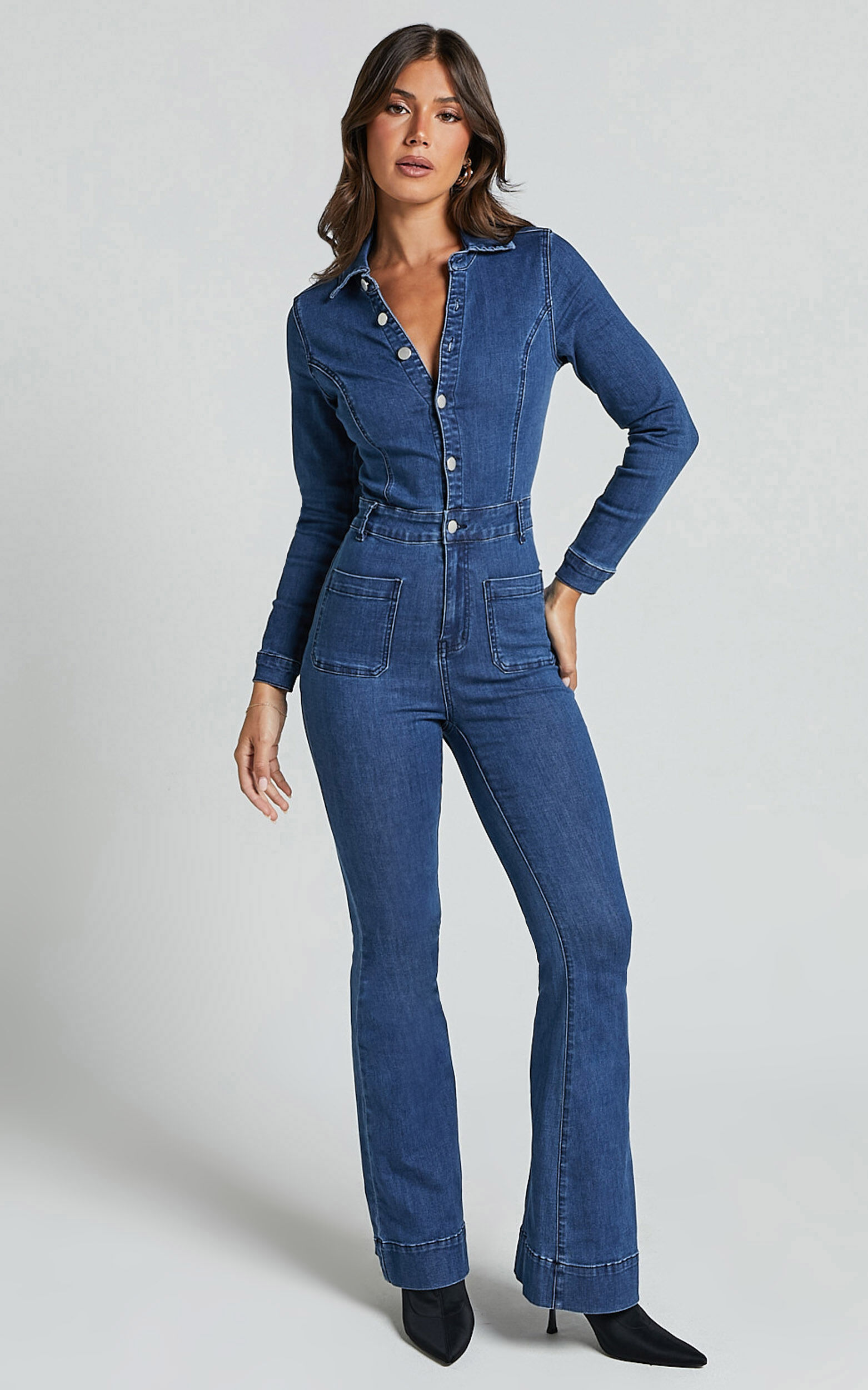 Vivi Jumpsuit - Button Front Wide Leg Denim Jumpsuit in Indigo Wash