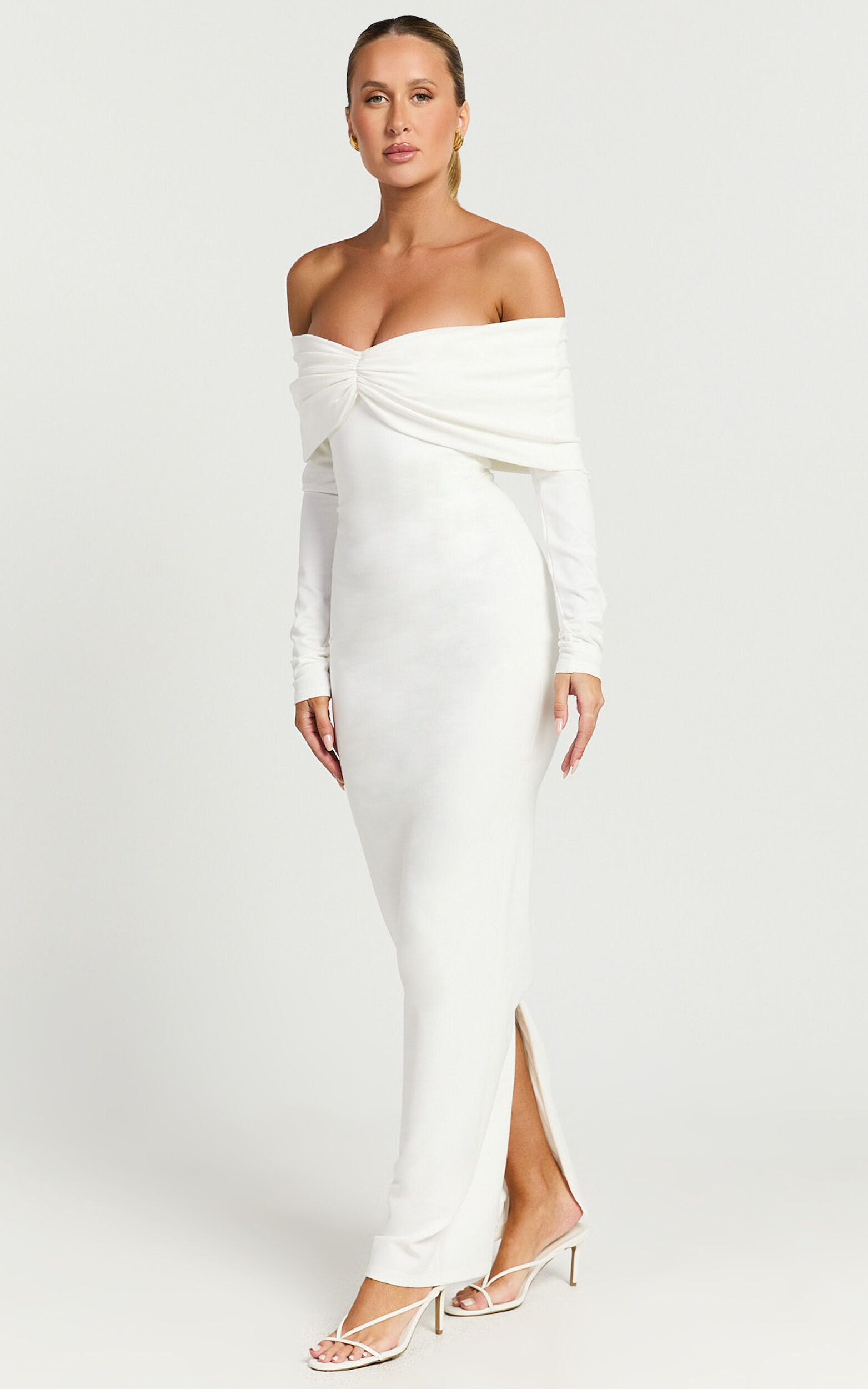 Rani Maxi Dress - Off Shoulder Long Sleeve Bodycon Dress in Off White