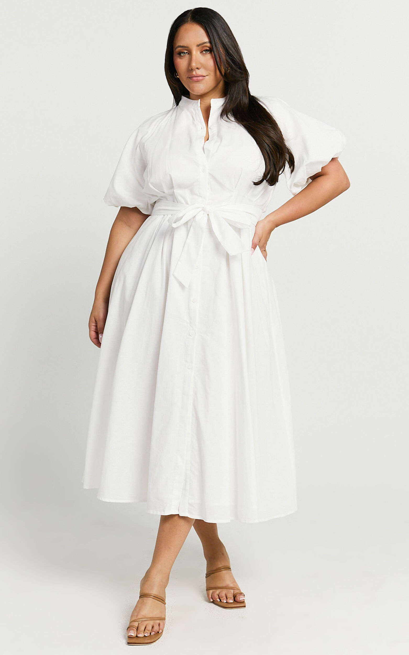 Sabrina Midi Dress - Linen Raglan Sleeve Belted Dress in White