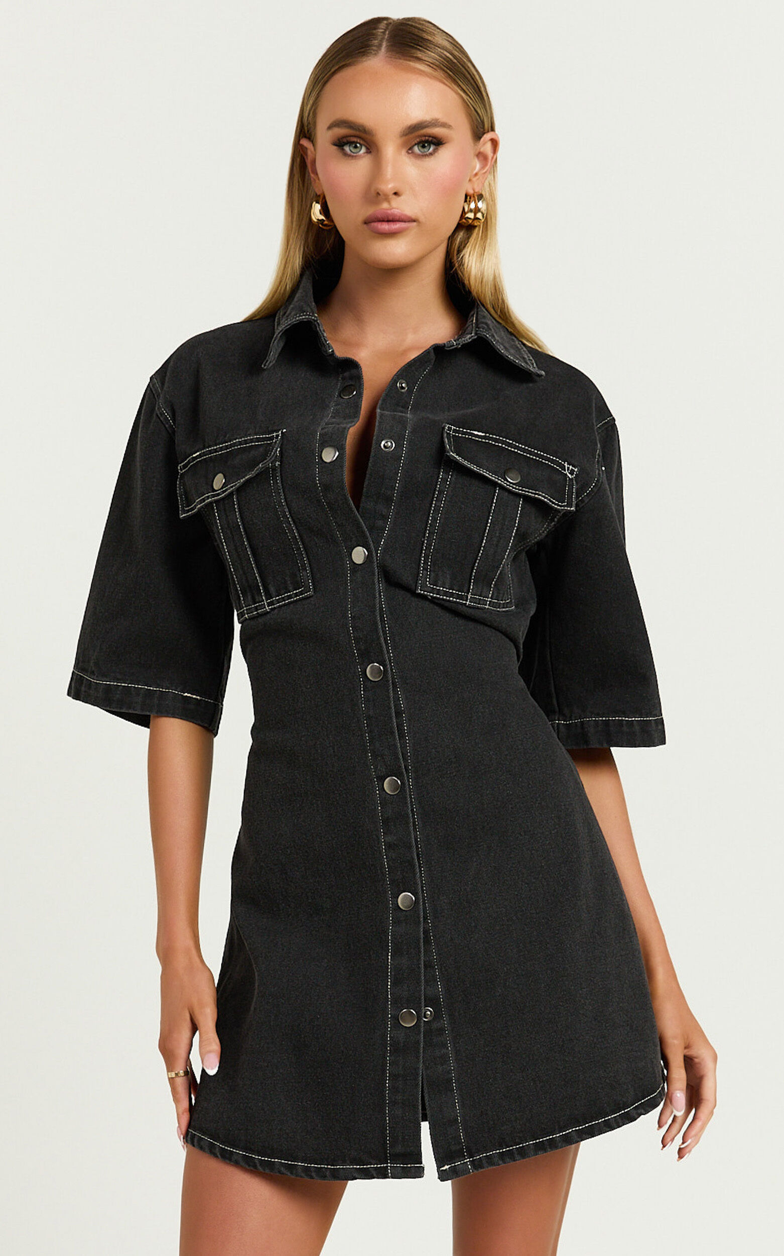 Leilani Mini Dress - Denim Short Sleeve Button Up Dress in Washed Black
