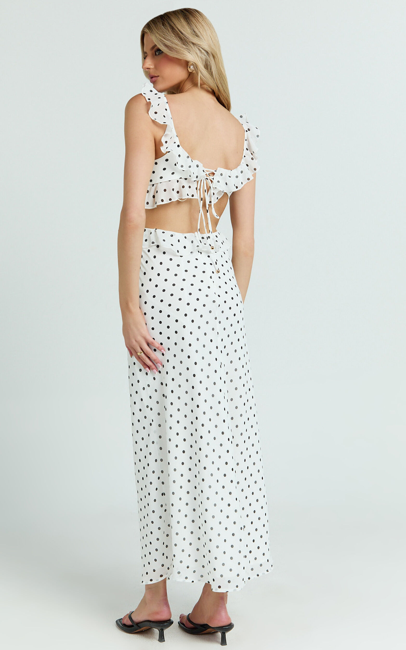 Dahlia Midi Dress - Ruffle Details Slip Dress in White Based Polkadot