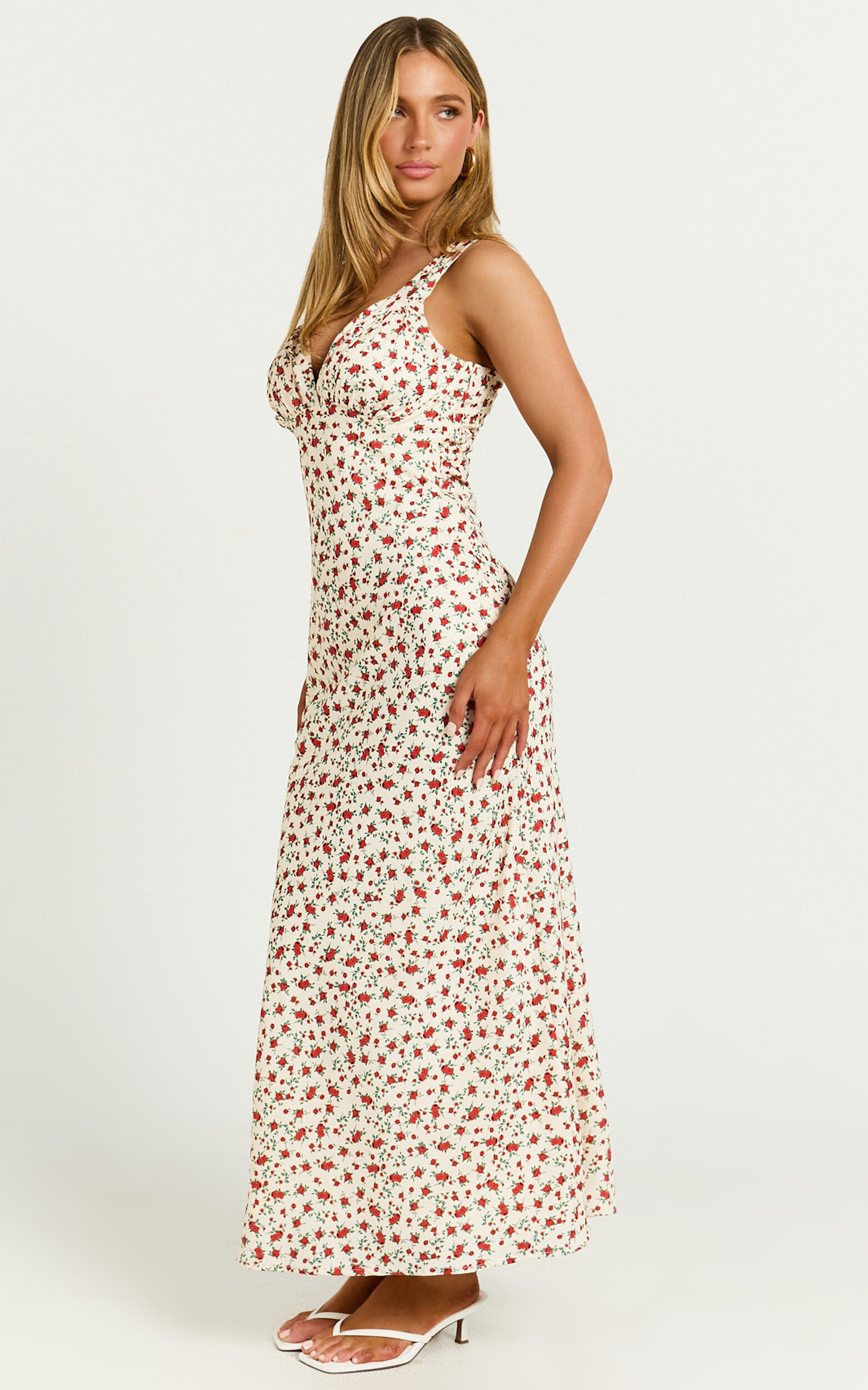 Mauriel Midi Dress - Deep V Gathered Bust Slip Dress in Red Floral