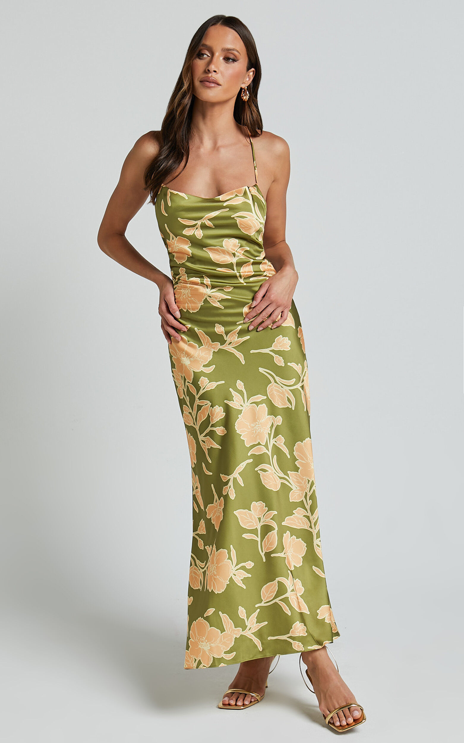 Aisling Midi Dress - Cowl Neck Satin Bias Midi Dress in Olive