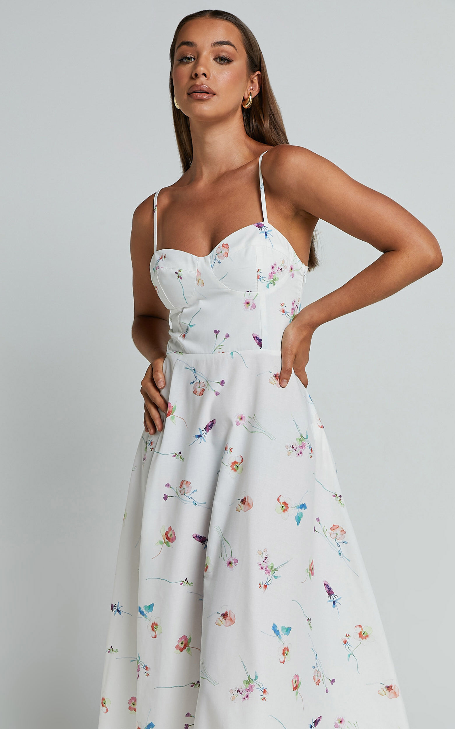 Robertson Midi Dress - Strappy Sweetheart Bustier Flare Dress in Painterly Wild Flower