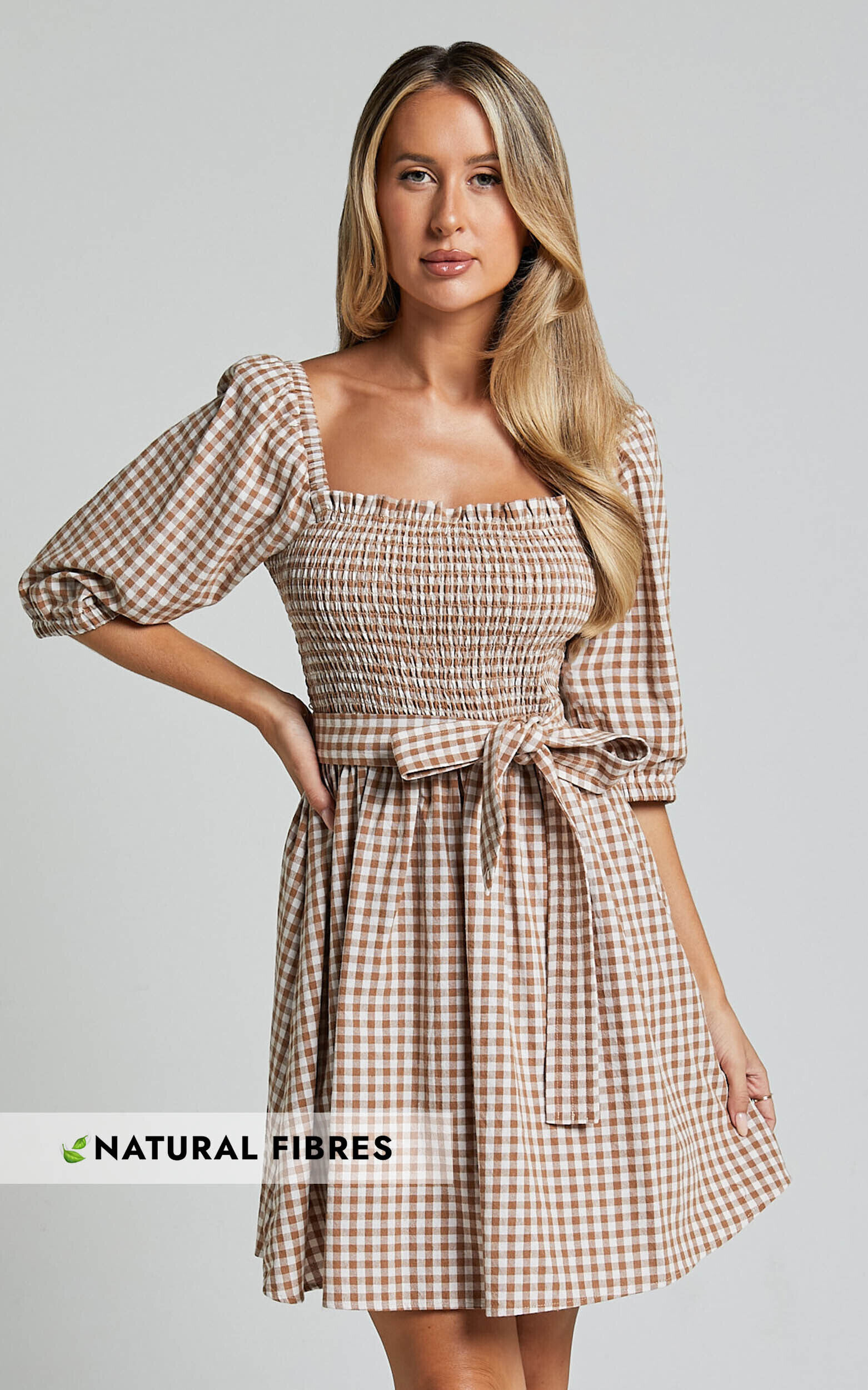 Liza Mini Dress - Shirred Bodice Short Sleeve Tie Dress in Caramel and White Gingham