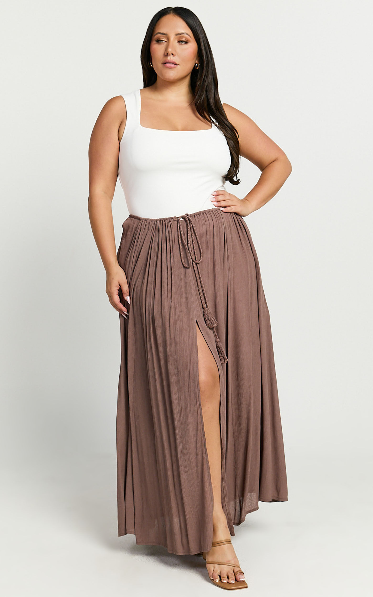 Under The Twilight Maxi Skirt - Thigh Split Skirt in Taupe