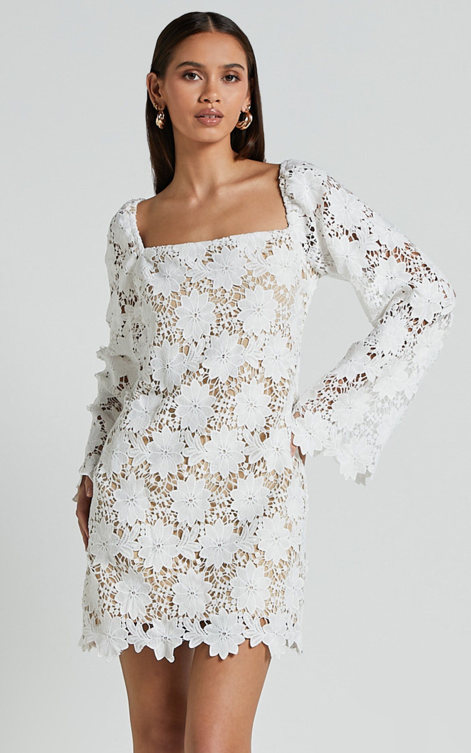 Cassie Mini Dress - Straight Neck Long Flared Sleeve Tie Back Lace Dress in White