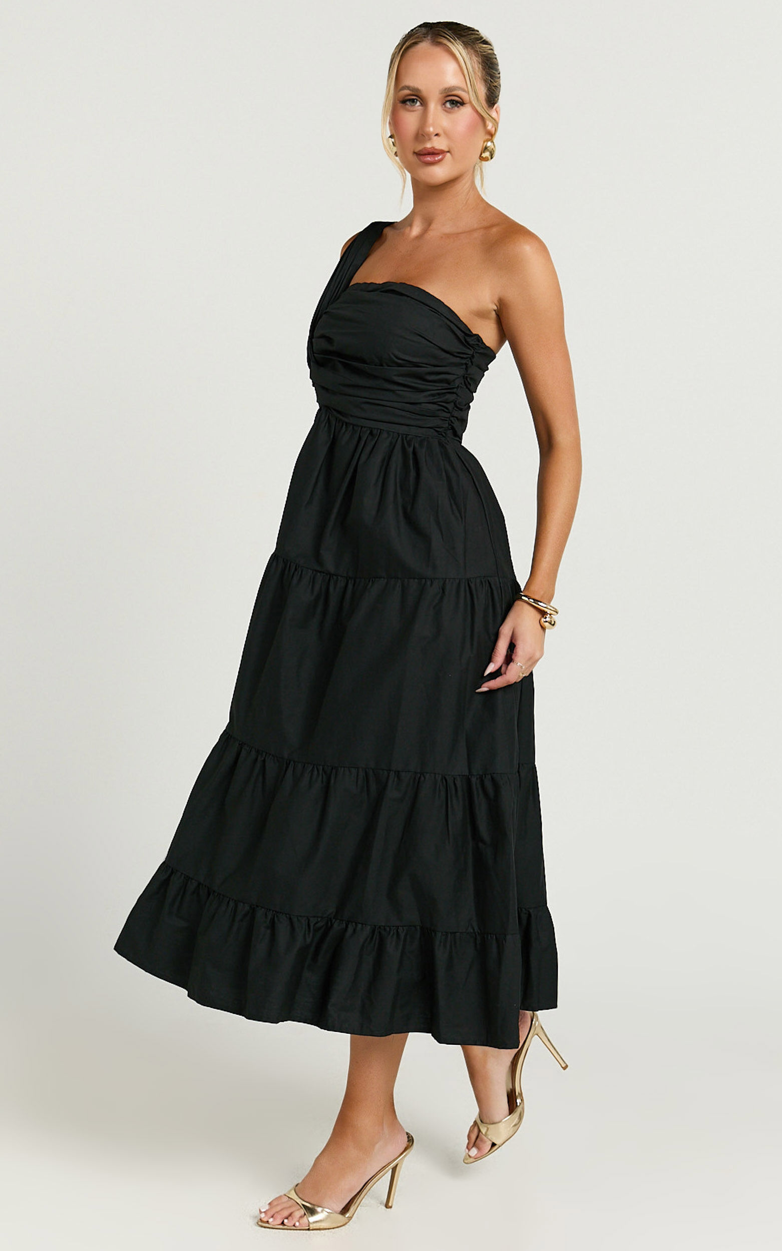 Stephanie Midi Dress - One Shoulder Tiered Midi Dress in Black