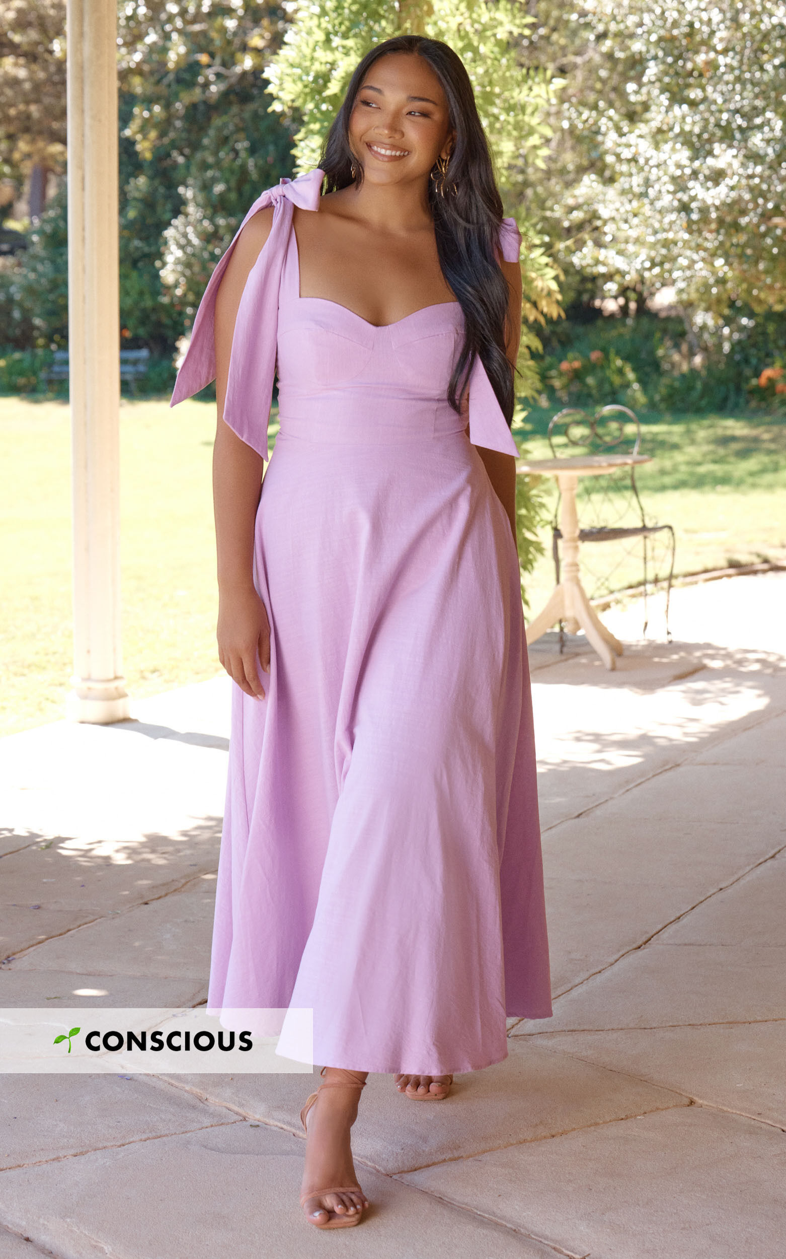 Tymia Midi Dress - Shoulder Tie Bustier Shirred Back A Line in Lavender