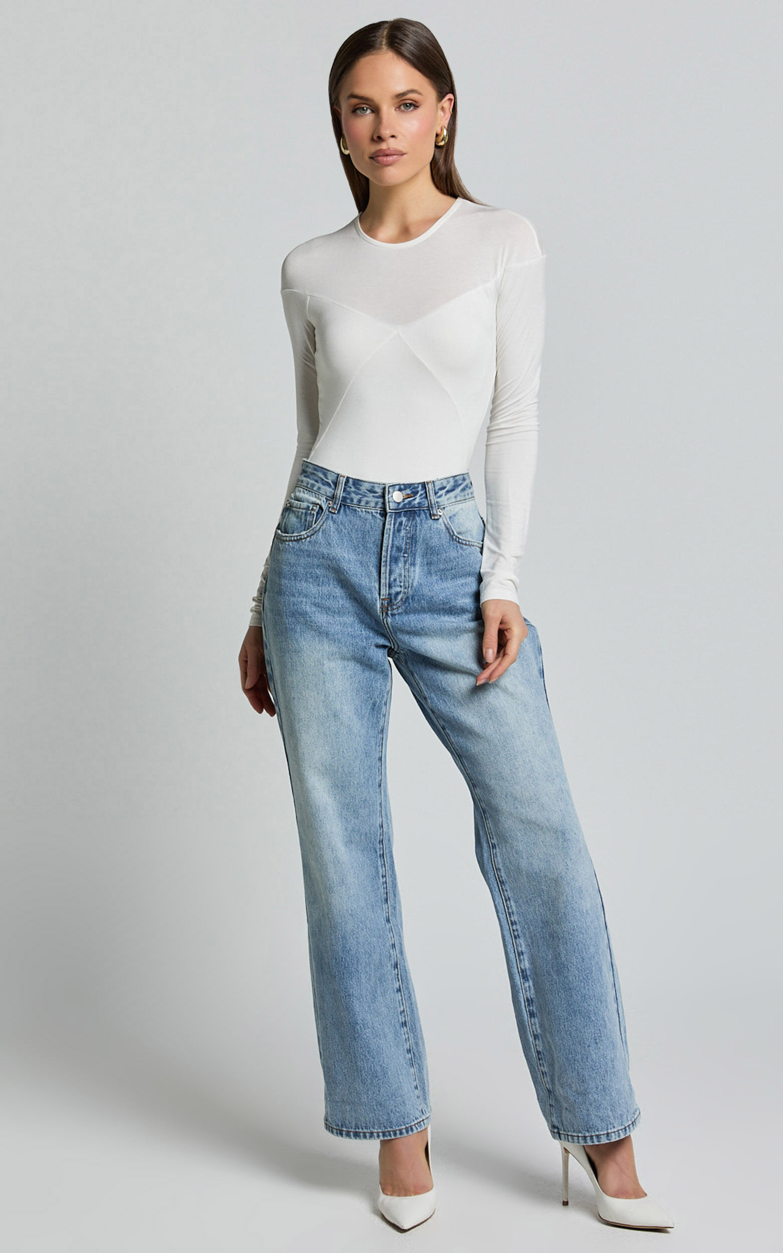 Kerryn Bodysuit - Long Sleeve Marl Cross Front Bodysuit in Ivory